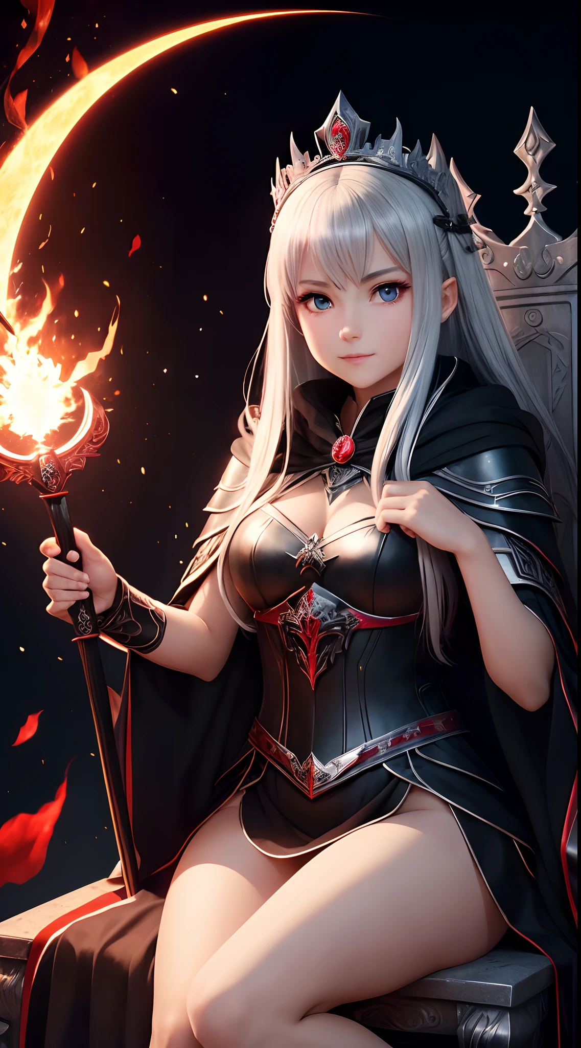 Full-body, silver-haired young girl, reddish eyes, maiden body, and black robe armor with a mini skirt, wield a dark sword, wears a cloak and dark crown, sitting at the throne of darkness, black wings, red moon and red light background scene, the magic circle with diamond,  brave smile, stable diffusion v5, anime style v3, dynamic, image enhance, dream shape, vibrant, realistic face, 8k quality, upscale, sharp focus.