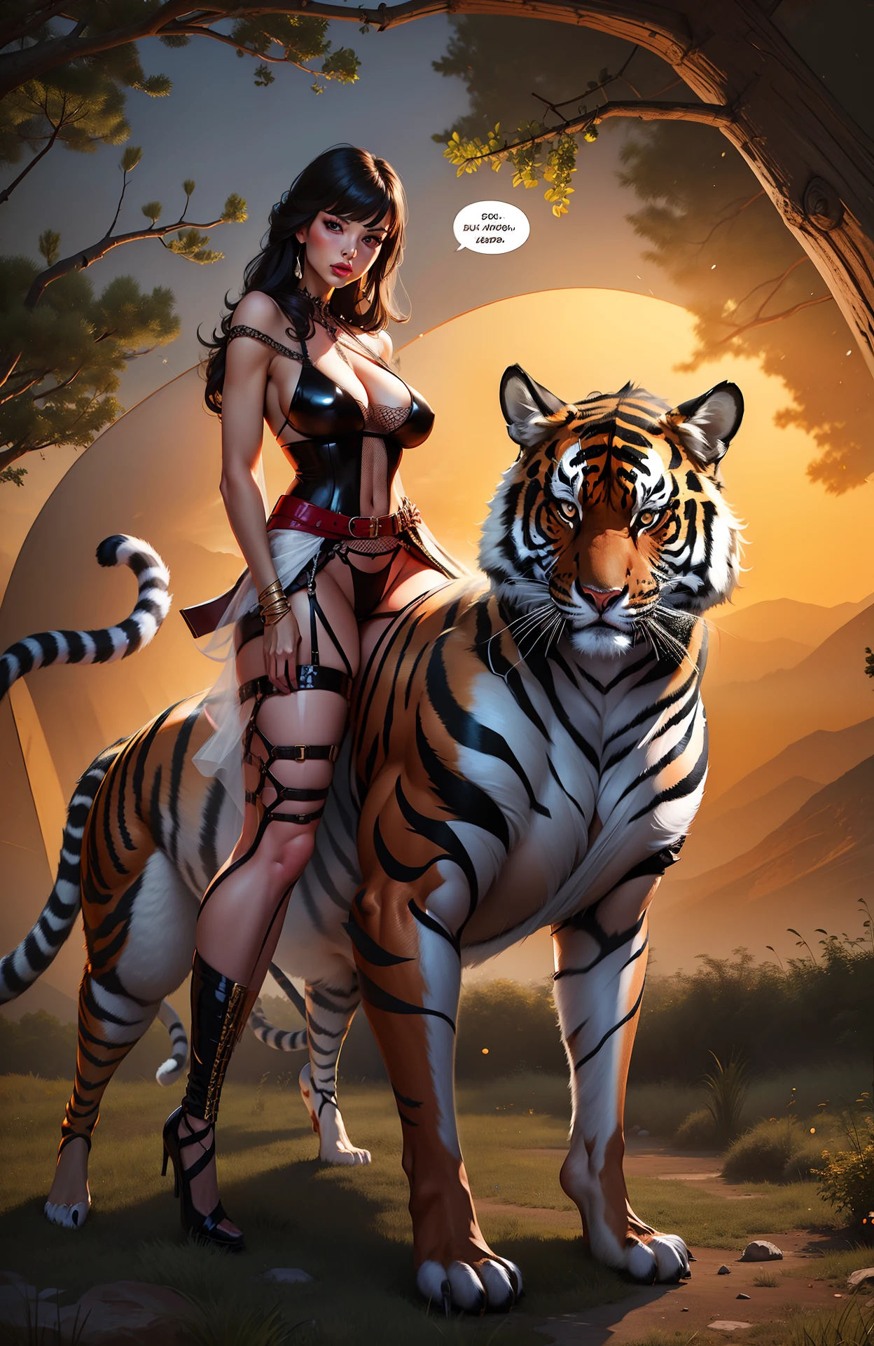 Sexy woman riding on the back of a muscle tiger,The woman holds the belt of a tiger in her hand,huge tit,nedium breasts,protruding areolas,semi-bare,photorealisti,sexually arousing,see-through transparent clothes,no brassiere,Sexy erotic panties,Perfect body proportions,Long legs