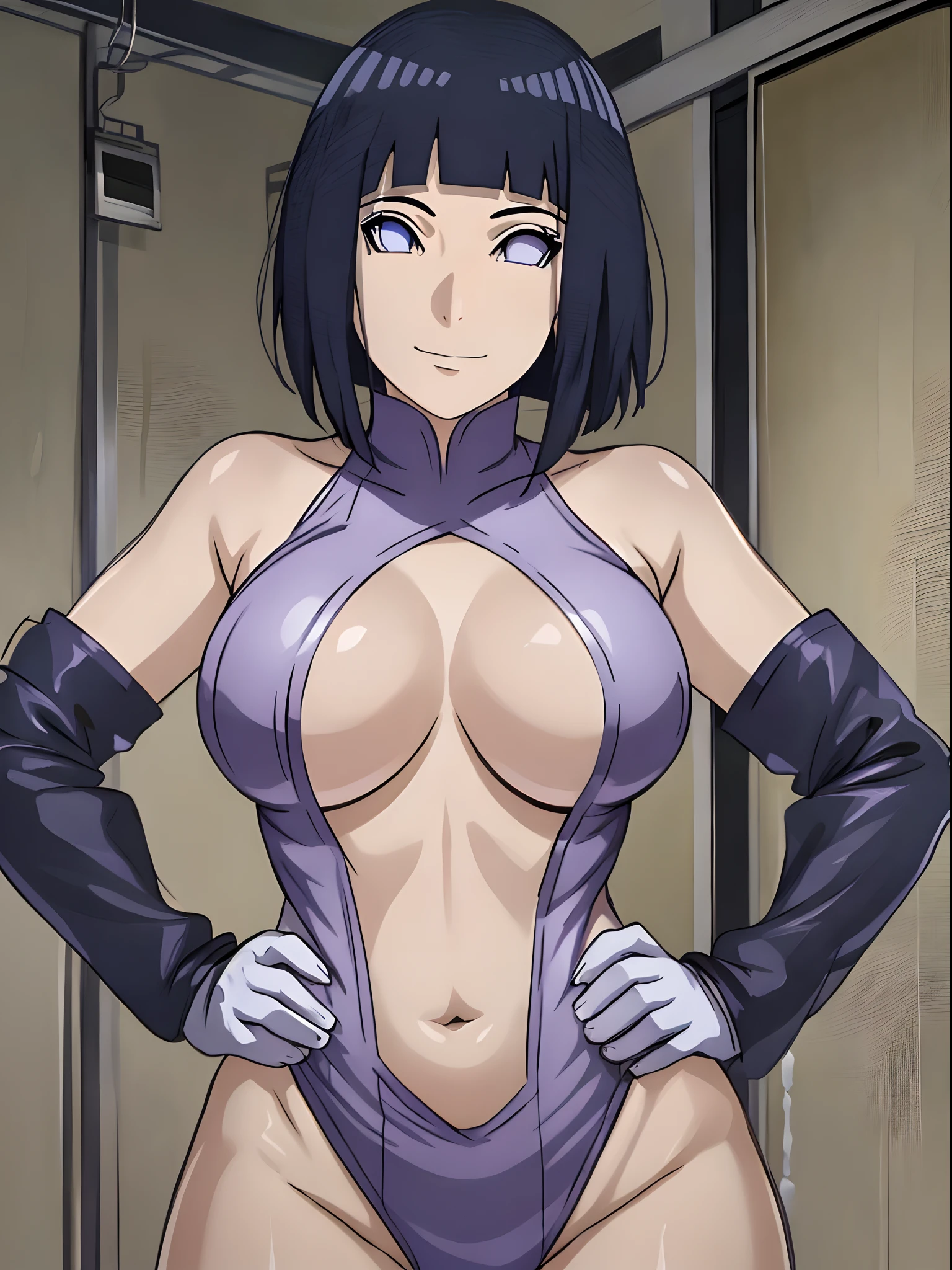 (ultra detailed body, ultra detailed face), ((solo, 1 girl)), anime style, hires, ((wrestling stage, (children watching))), (hinata\(boruto\), (female wrestler), (slender body, broad shoulders), mature woman, milf, (skimpy leotard, ultra detailed pro wrestling gear, long gloves), extremely gorgeous, (smile, closed mouth), (pale skin, shiny skin, lighting and shadow), (dark blue hair color:1.1), wavy hair, ((short hair, hime cut), big breasts, ((hands on hips)), (long belly), (very seductive), (perfect eyes, white sciera, bright eyes, white eyes, anime eyes)