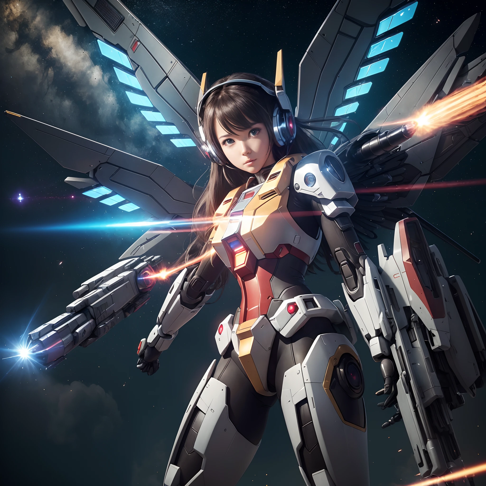 (Masterpiece:1.3), (8K, Photorealistic, Raw photography, Best Quality:1.4), (Ultra high Detailed), Mecha girl, details face, details hair, Android girl has gone crazy, (Detachable arm, beam rifle arm), mechanical battle suit, (lens flare:1.1), (big both Wings similar to Strike Gundam on the back), (futuristic Head-mounted display for one eye and headset), (in outer space), (spreads both wings), (fires a powerful beam cannon)