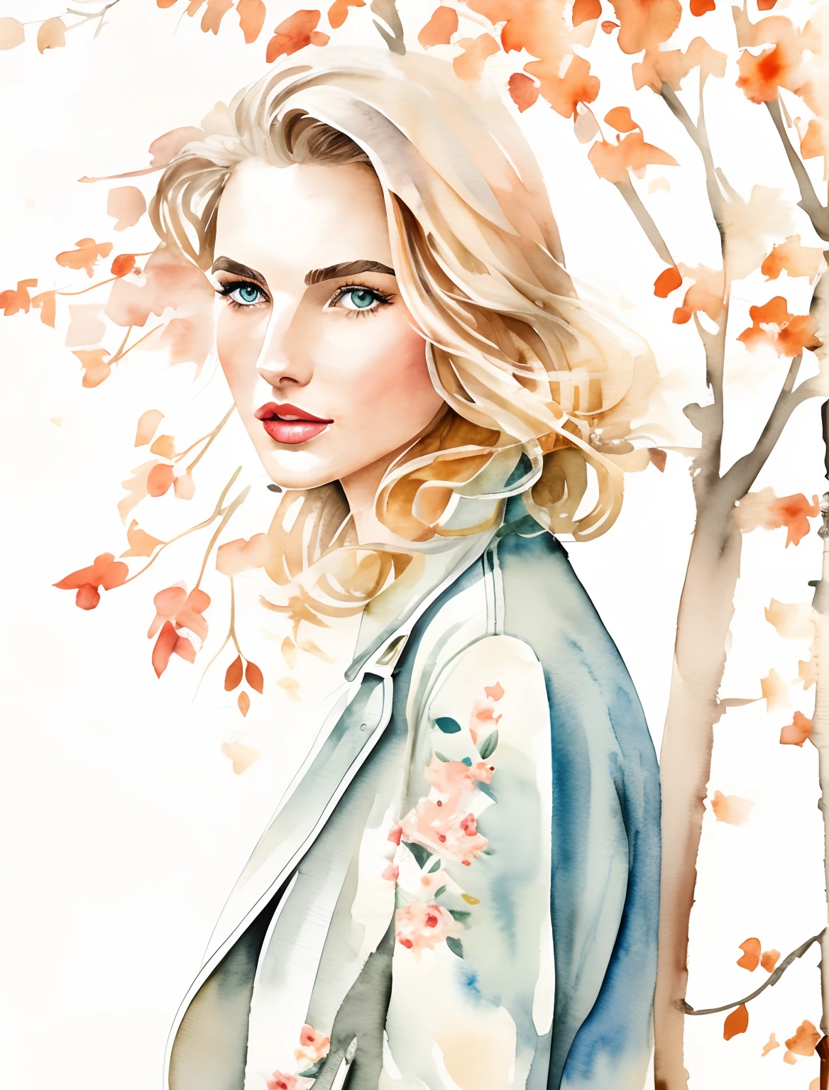 Kelly smith watercolor art Blonde Woman thin hair, french bob, gray blue eyes, beautiful eyes, red lipstick, andreea diaconu, face profile, peach beige dress, jacket, windy, green tree, summer, fantasy, artistic brushstrokes