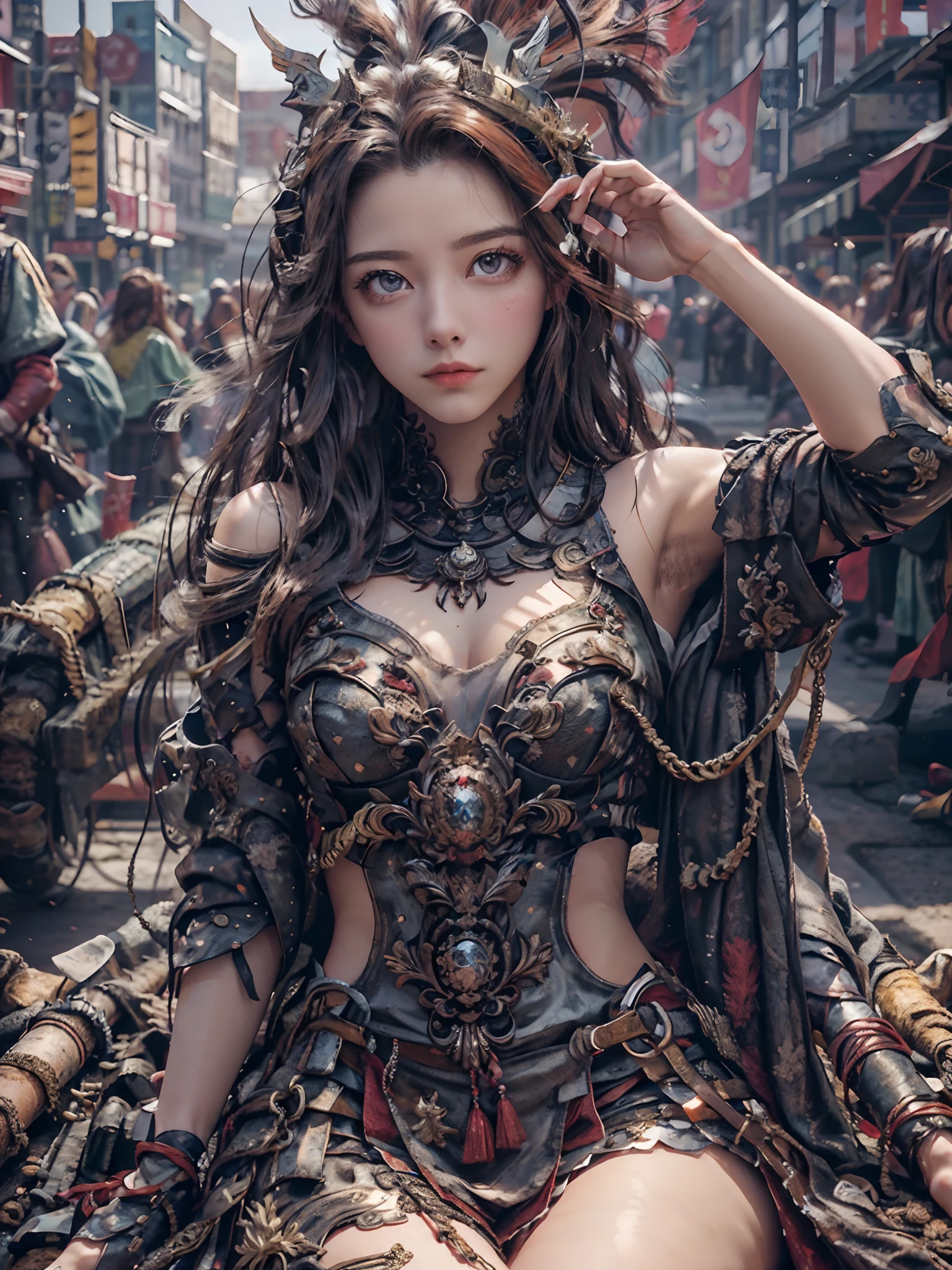 1 character, Ultra realistic 16K CG, masterpiece, Best Composition, Photo quality, work of art, full length portrait, Character incredibly beautiful girl., Incredibly beautiful face, very detailed face, Detailed eyes, detailed hair, correct anatomy, bride, princess, Against the backdrop of a futuristic city, The capital of the Star Wars empire in the style of John Lucas, Incredible skyscrapers in the background. naked, flowers, Crown of their flowers and diamonds, high detail, Lots of elements, Flowers in containers, Creepers on the walls, gilding on structures, neon lights, evening, Twilight, futuristic display, Hologram, night, fantasy advertising lights, Street, flying transports, loot cargo ships, cranes, Manipulators.