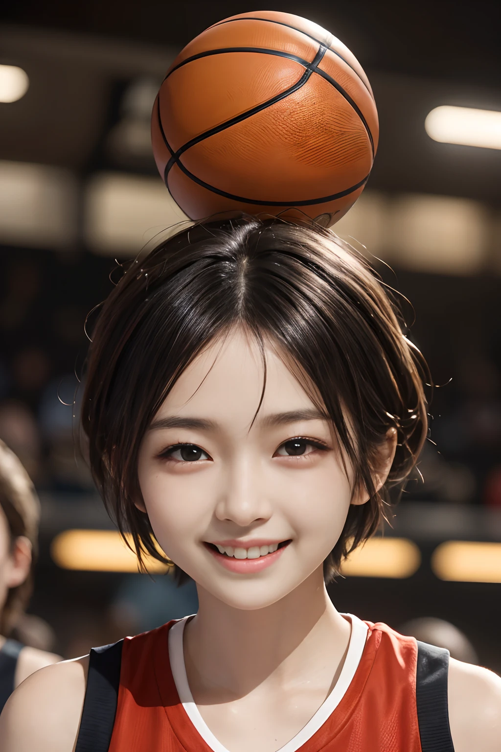 8K,Bal basketball player、A Japanese Lady、Japan Team、Smile full of happiness、((Looks happy:1.3))、Panting face、Lacking、Sweating、Expression in a state of excitement、short-hair、eye glass、8K,Basketball player、A Japanese Lady、Japan Team