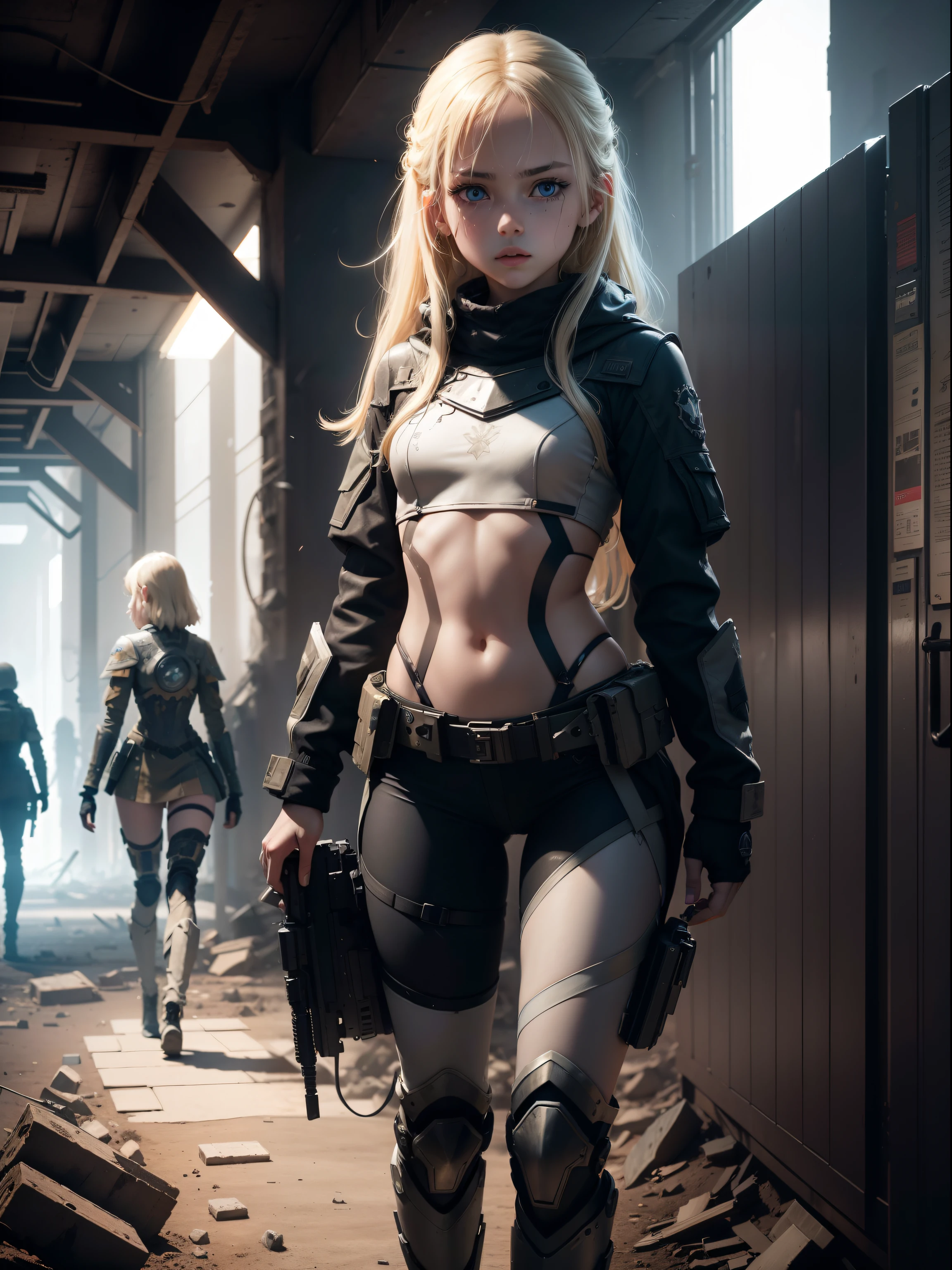 Destroyed towns,3 Ukrainian girls , Ukrainian anime girls , , Ukraine , Full body composition of young girl with messy bright blonde hair, eye make up, 13 year old, Soft lighting, Solo, Old torn dirty shabby futuristic military uniform, badges, Pose, Blotch color, Octane Render, Hyperrealistic intricate detail, Cinematic, 8K resolution, 70mm, Accent Lighting, Global Illumination, Full body portrait, clean detailed faces, intricate clothing, Cute face, flat chest, Slim waist, Slim legs, small hips,Steel exoskeleton combat suit,Combat helmet,Holding a handgun,Long jacket,cloaks,