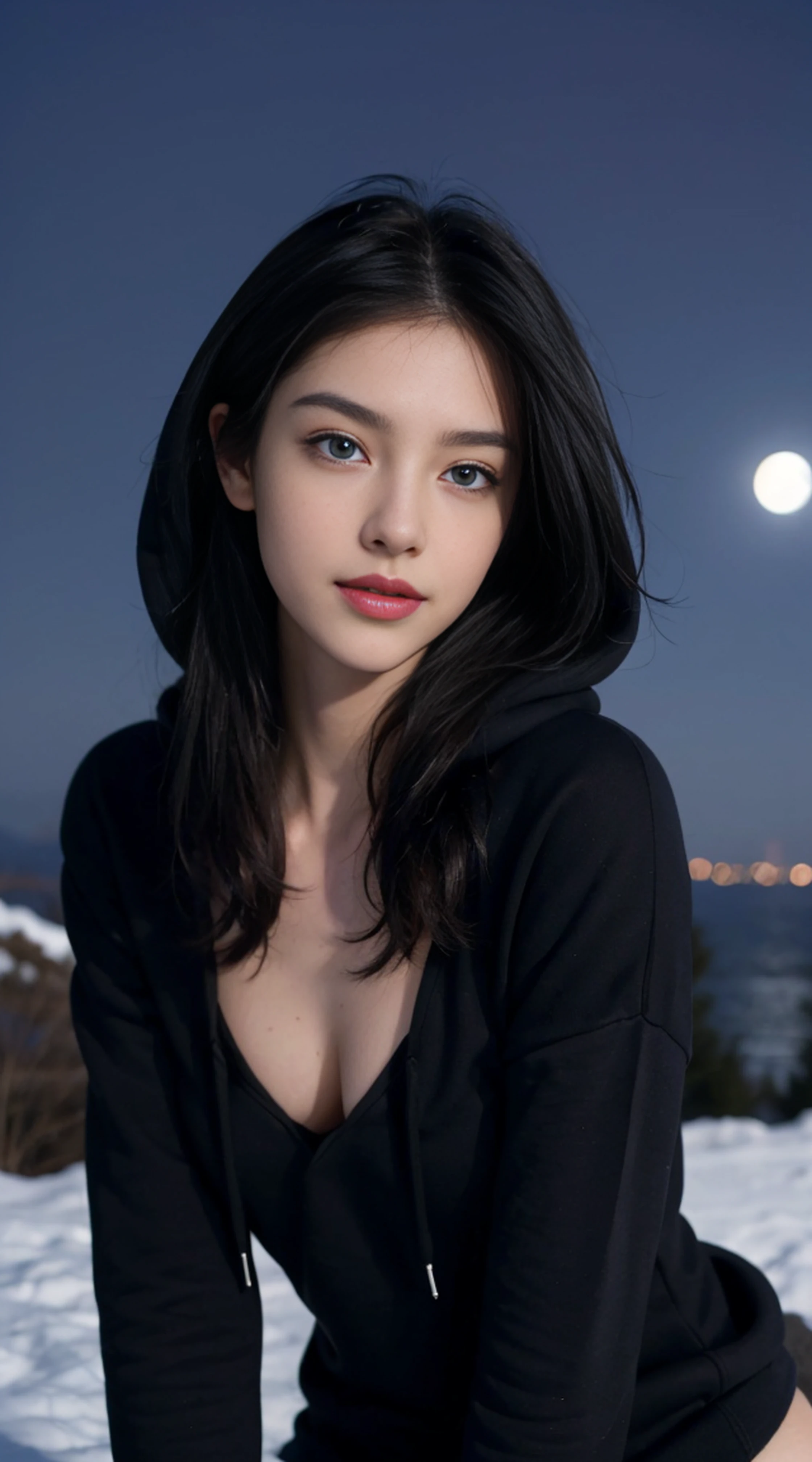 8K, Top Quality, Intricate Details, Ultra Detail, Ultra High Resolution, Masterpiece, random angle, Slender, Smile, (Makeup: 0.4), (Fluffy Blue Eyes: 1.21), blue Eyes,, ((full body)), 1girl, solo, 1 girl, (( full body)), close-up shot, open leg, ((tall)), (((fit body))), (((slim face))), sharp face, sharp eyes, (((black hair, long hair, )) (detailed face), sharp face, small lips, thin lips, tits ,
(( hoodie)), underboobs, detailed face, detailed breast, , large breast, detail, , Beautiful girl with accentuated slender abs: 1.4, Six Pack Abs: 1.4, Bust Botox, Big, Perfect Body, detail leg, (( moonlight)), top of mountain
