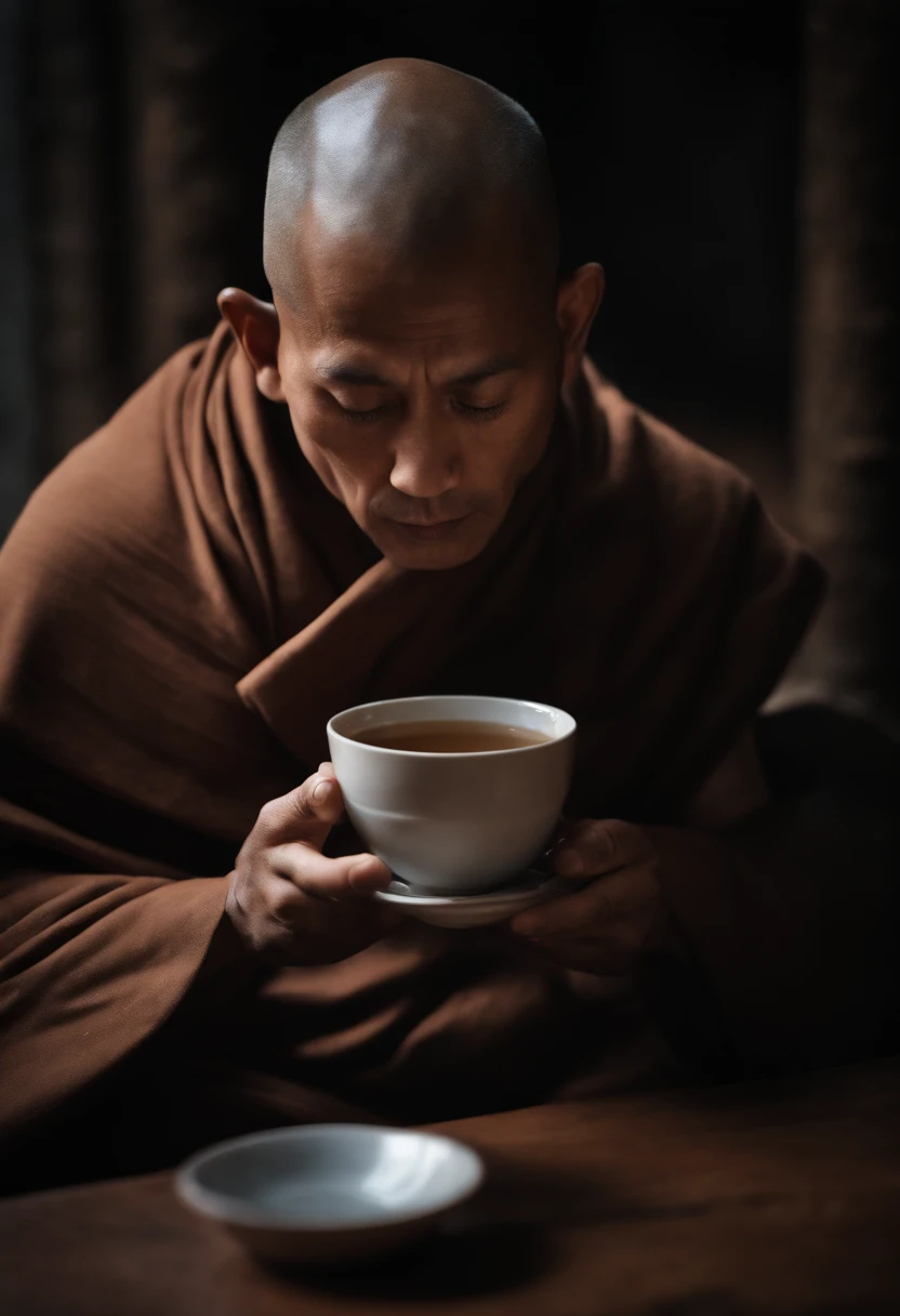 A close-up of the monk taking a mindful sip of tea, his face in deep contemplation.