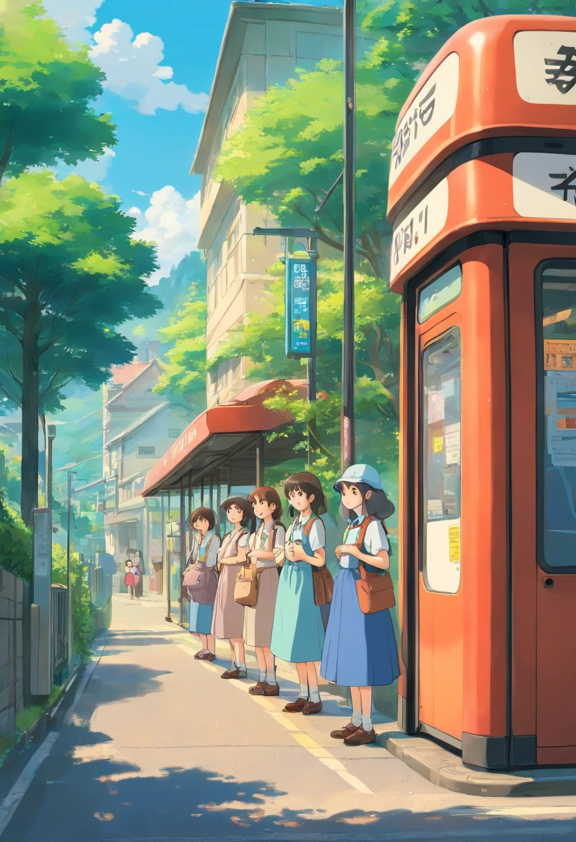 Girls at work,Wait for the bus at the bus stop