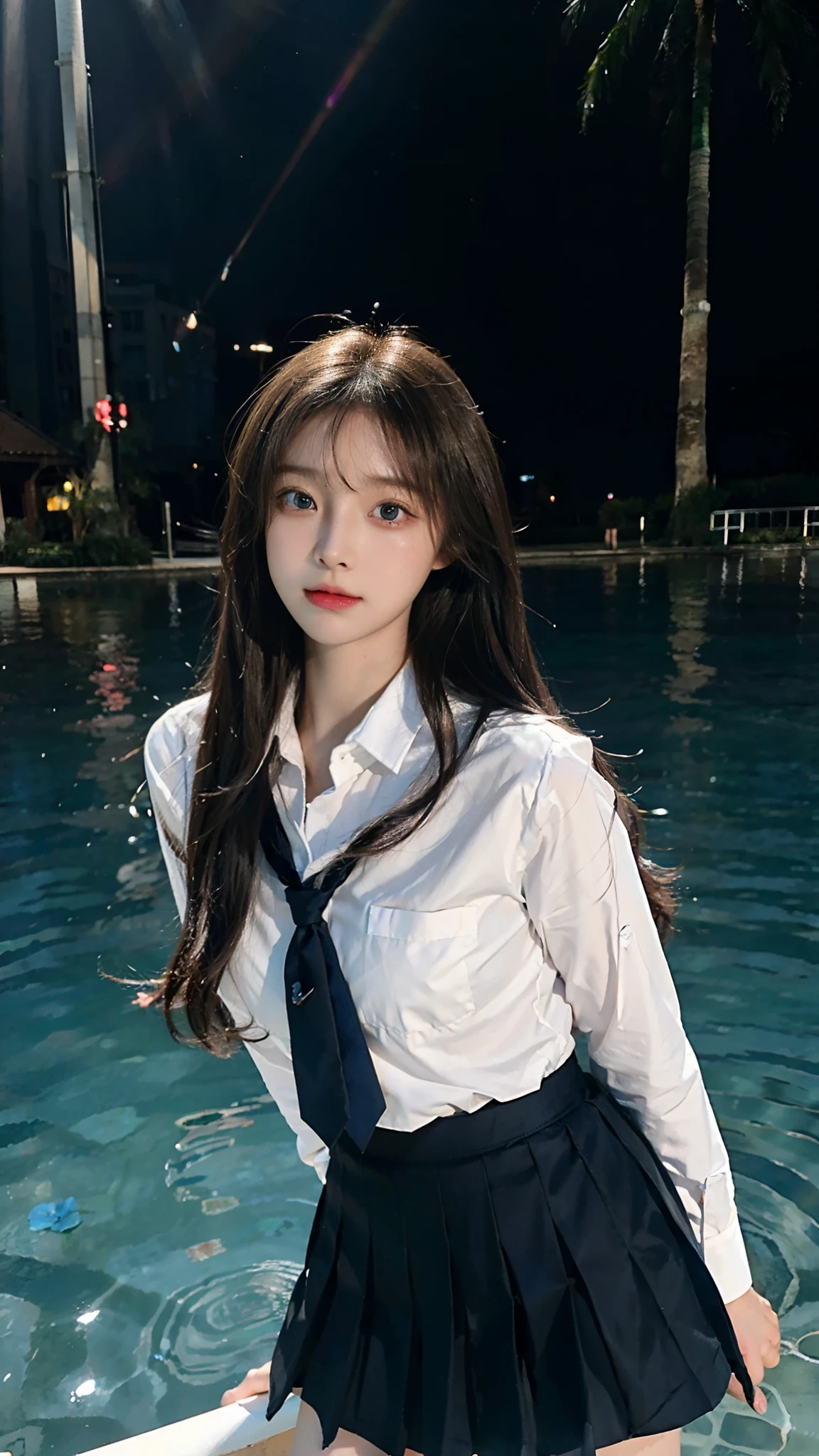 Masterpiece, Best quality, 1girll, Loli, hair, Blue eyes,Very long hair, hair flower, school uniform, brown uniform, brown Mini skirt, cheerfulness, Amazing, Beautiful detailed eyes, finedetail, Depth of field, Extremely detailed CG, Original, Outdoors, soaking wet, Knees under water, beautiful detailed water, Beautiful detailed sky, fluttered detailed splashs, author, Colorful, hdr, colorful refraction, inematic lighting, attractive pose, upper body capture,