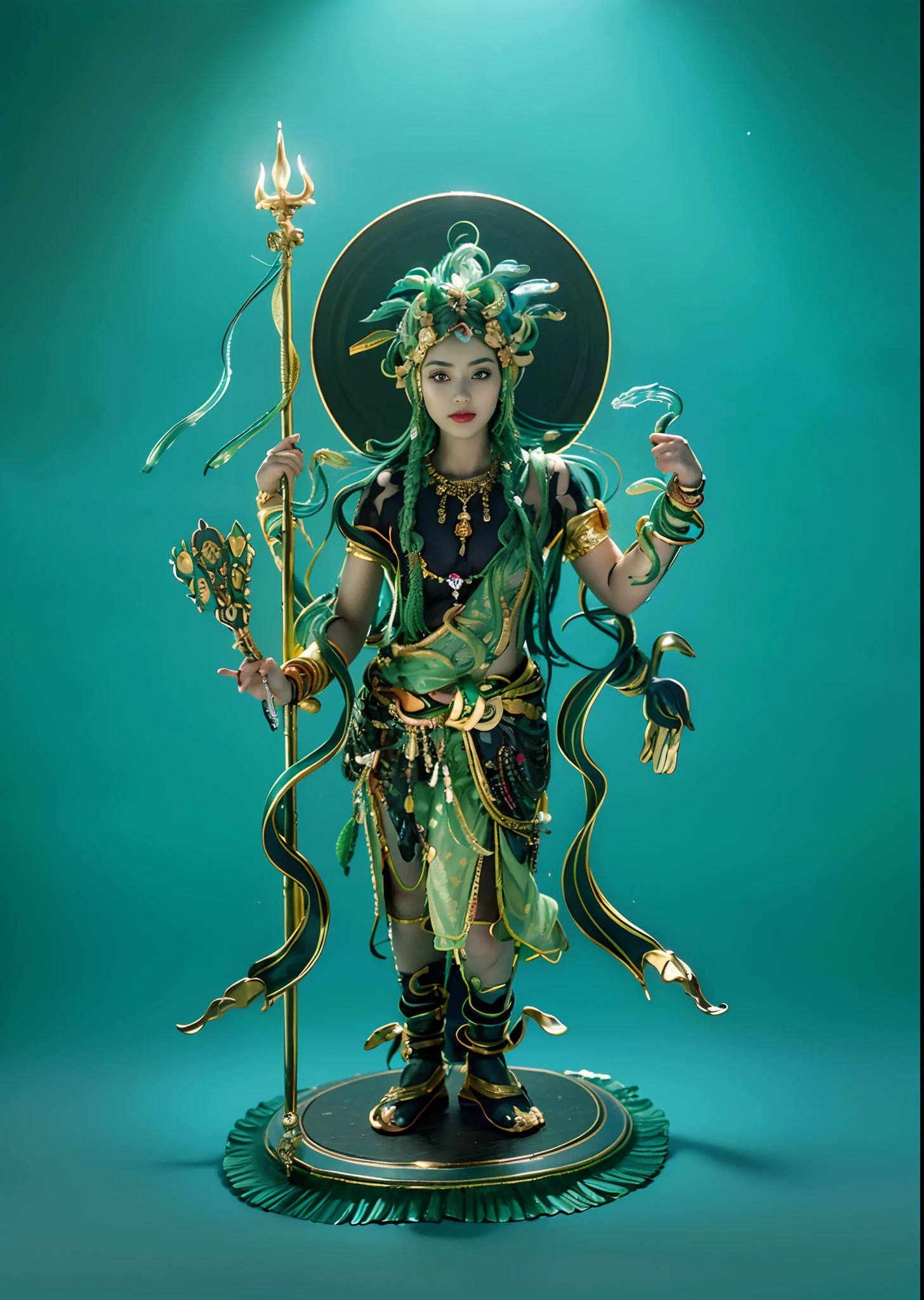 In the garden of the void, A beautiful little girl,Six years old,green colored skin,Four arms,trident,Peacock Ling,Black snake in hand,There are decorations of seven snakes in the hair,The body is decorated with many black snakes,Leopard skin apron,Yellow skirt,white streamer,Delicate and radiant skin,Barefoot,(Long curved eyebrows),Beautiful eyes sparkle,The large, Jewel-like eyes sparkle,Clear pupils have reflected light,二重まぶた,Lying silkworm,looks into camera,((Plump and rosy lips)) Clearly visible,((Flushed cheeks)),The mandible is plump,Green skin is delicate and smooth,Delicate skin translucent,A delicate and dexterous crown,inlaid gemstones,Delicate and skillfully set gemstones,(Yellow dress),Perfectly designed jewelry is exquisite,Beautiful eyes looking directly at the camera,(((nice hand))),((((Good feet))),(((good legs))),Realistic skin,((Correct body structure)),Yellow costume,Blue sky,Head background with round light,Behind him is a colorful rainbow circle,Color glow is turned on,Front lighting,Positive light,No shadows on the face,There are no shadows on the body,Blue sky,Unreal space,ethereal world,dreamworld,with blue sky and white clouds,tmasterpiece,4K,ultra-definition,professional photoshooting,Perspective looks up,Standard lens shooting,