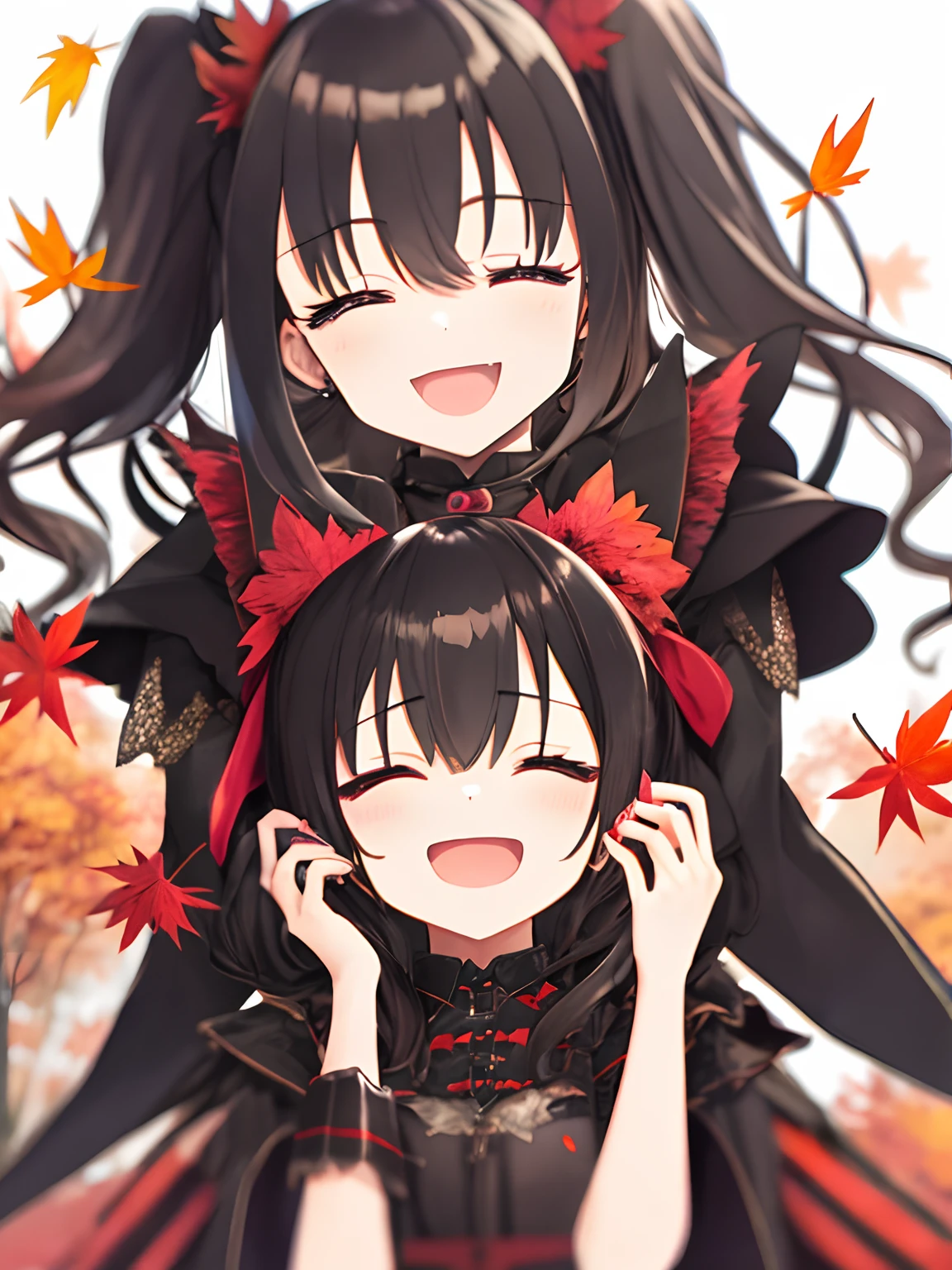 2girls、Black costume、Moametal, Yuimetal, (Opening Mouth:1.1)、(widely opened eyes:1.4)、Depth of field is deep、blurry backround、Autumn leaves are dancing、heavy wind、galaxies background、masutepiece、top-quality、nffsw、