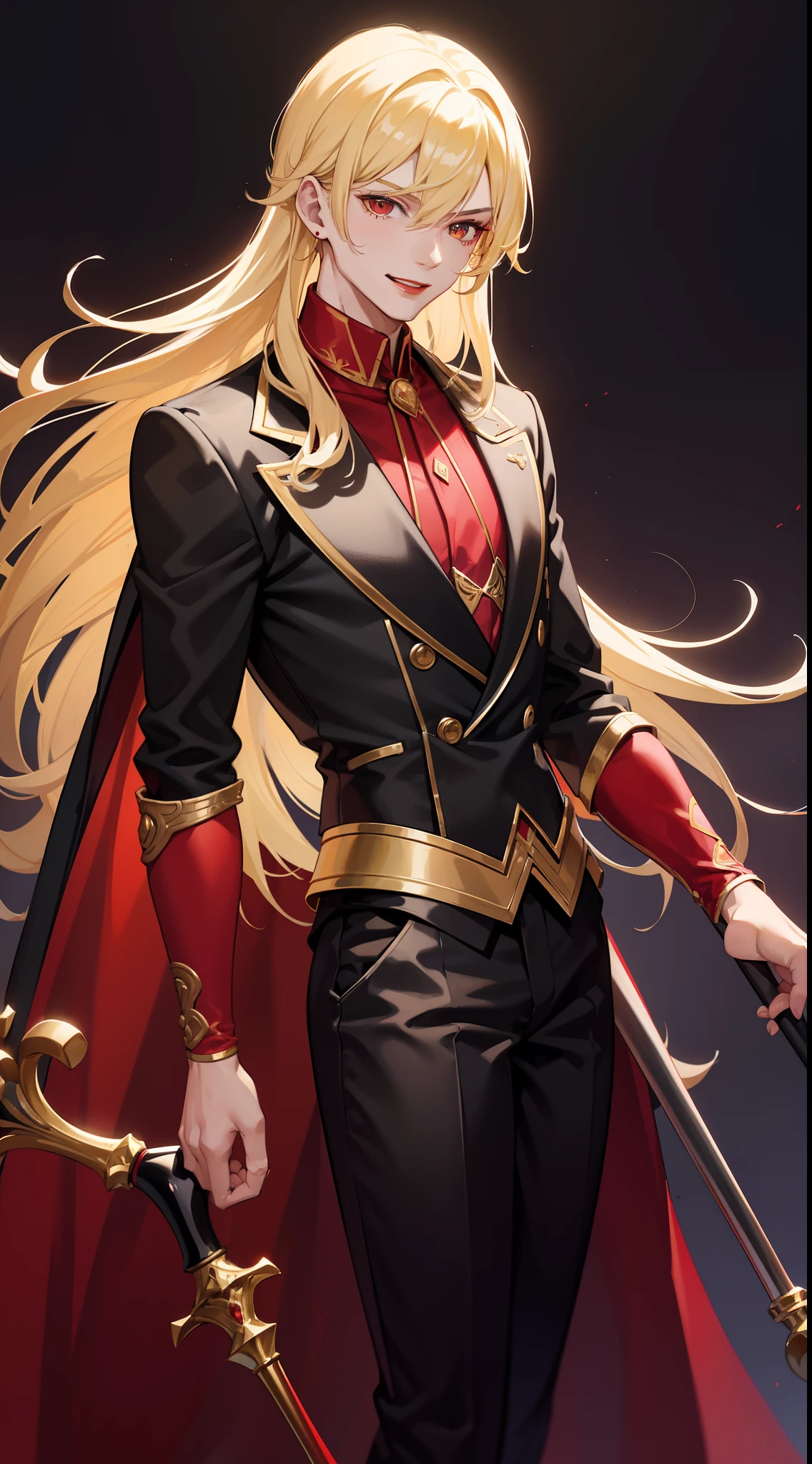 young boy, longue blonde hair, Heteroromy, smirk, red lipstick, red and yellow, red fluffy shirt, black tight pants, Dark purple cape, cane, Masterpiece, hiquality, higly detailed, HD, 4k
