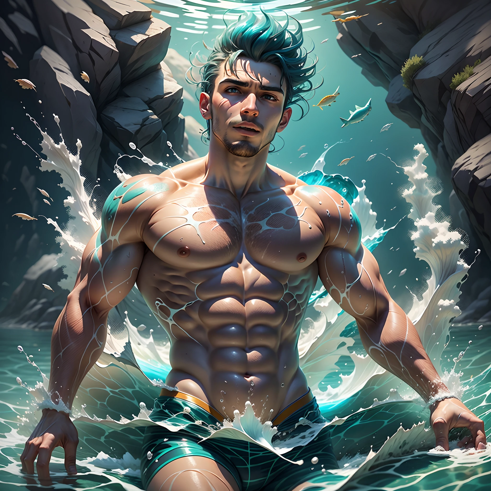 Hay un hombre que esta parado en el agua, por Adam Dario Keel, en el agua, Saliendo del oceano, Zac Retz, emergiendo del agua, en el agua, en el mar, in Speedo, Marcador de posicion de Lucas Graziano, Artem, posando en la playa, pose fuerte --auto --s2