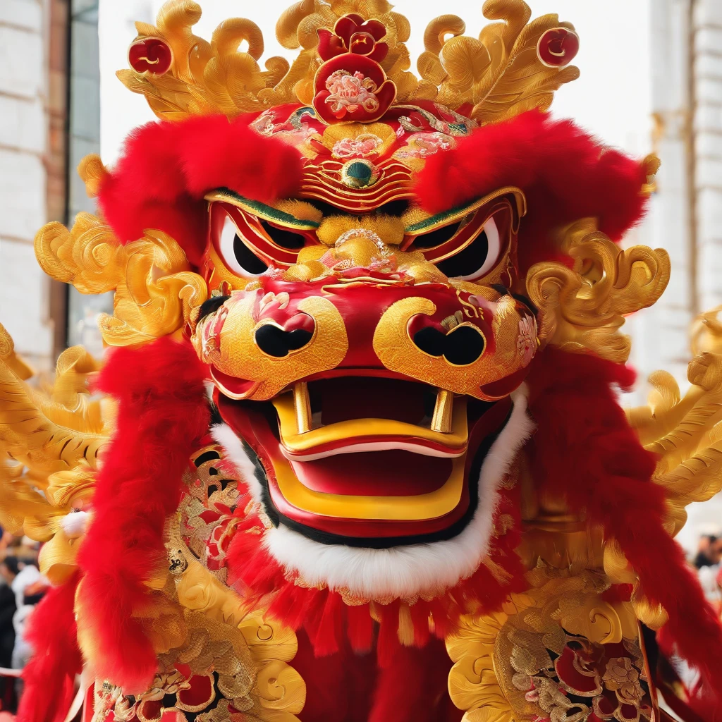 Traditional Chinese lion dance,Traditional handmade lion's head,Gorgeous gold accents and intricate design,Joyful celebration,Red and gold color scheme,Elegant and smooth lion dance movements,Majestic lion jumping jump,Amazing choreography,Authentic cultural performances,Elaborate lion dance competition,Auspicious festive atmosphere。