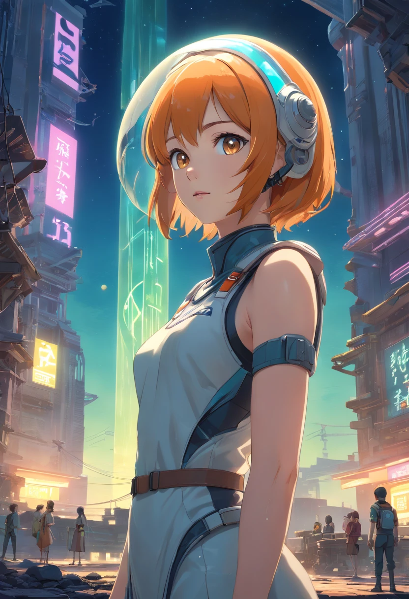 (best quality,4k,8k,highres,masterpiece:1.2),ultra-detailed,(realistic,photorealistic,photo-realistic:1.37),young woman, (full body:1.2), tall woman, thin woman, orange mohawk hair, beautiful detailed eyes, beautiful detailed lips, elegant futuristic dress, (((glass-bulb helmet))), sexy pose,(ancient alien ruins, decayed alien ruins), unknown planet, retro-futuristic style, vibrant colors, soft lighting, mysterious atmosphere