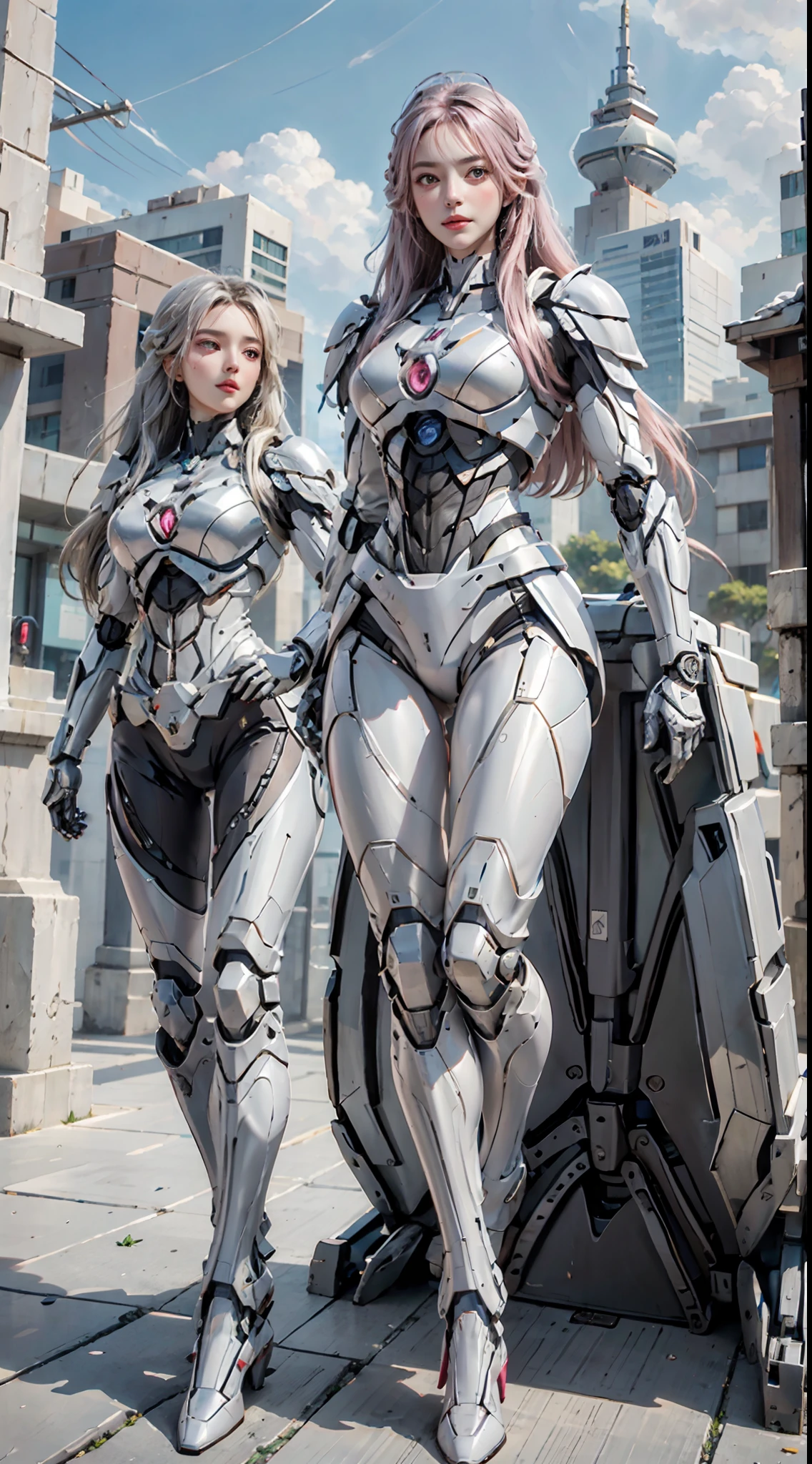 Photorealistic, high resolution, Soft light,(Full body shot from head to toe),1womanl, Solo, Hips up, (Detailed face), Pink extra-long hair, Long hair, Mecha musume, mechanicalparts, robotjoints, single mechanical arm, Headgear, Mechanical Aura, Star halo, electric mechanical bodysuit, mecha corset, komono, Full armor, City at night