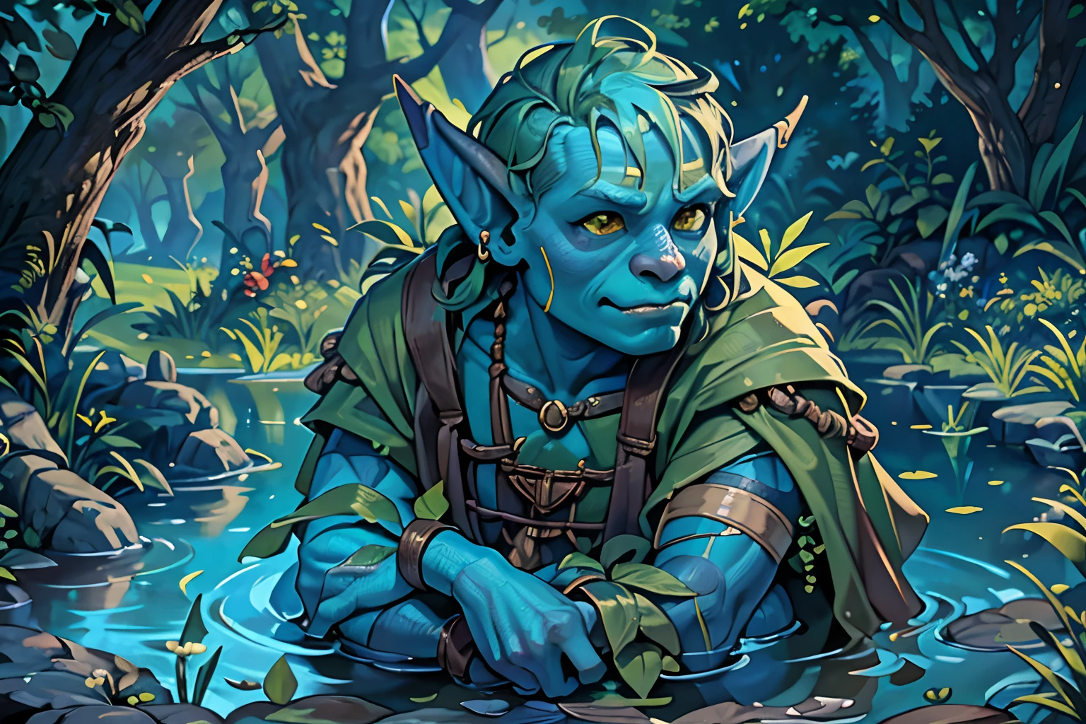 a male goblin orc fairy sits besides of a pond in a blue shemed colored forest