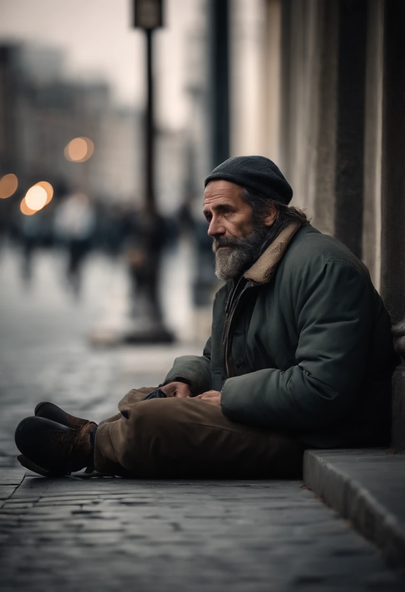 Show a homeless man sitting alone on a city street.