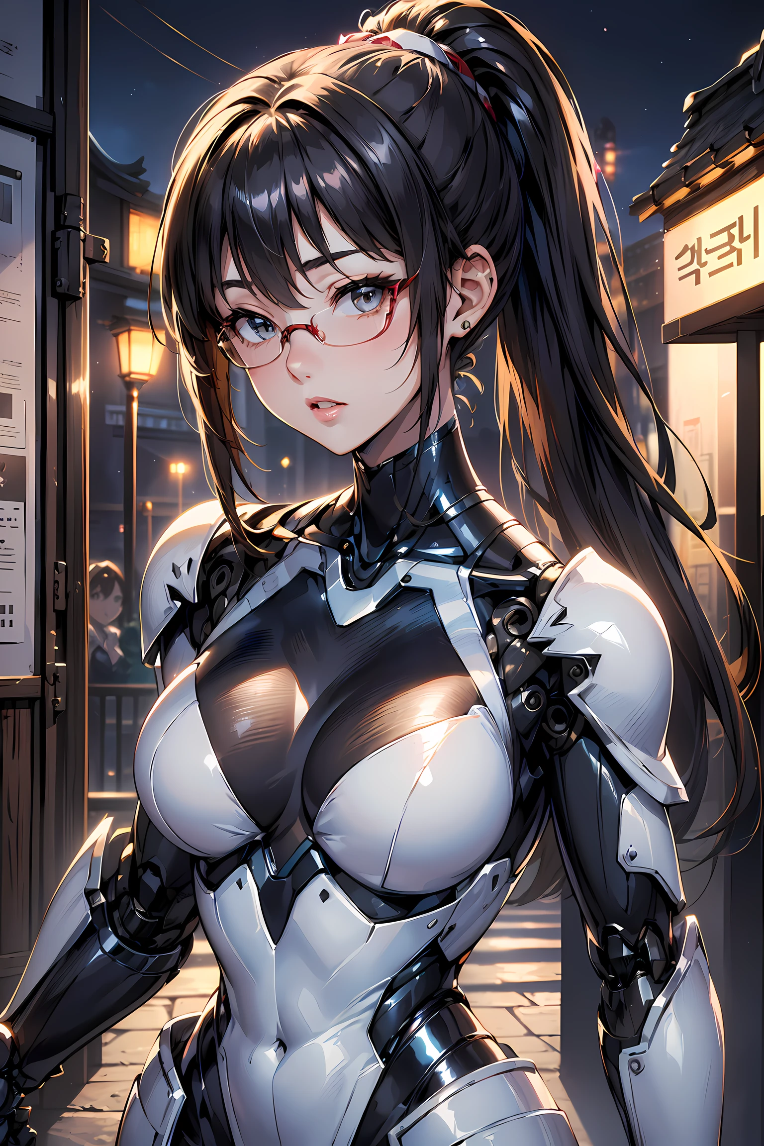 (1mecha girl:1.3, solo), (Audrey Hepburn:1.3), (a extremely pretty and beautiful Japanese woman), (sexy girl), (professional attire:1.3), (22 years old: 1.1), (walking on red carpet:1.3), (attractive random posing:1.3), (in the night royal party:1.3), (looking straight at you:1.3), (starring at you:1.3), (front view:1.3),  break, (ponytail:1.3), (shiny-black thin hair:1.2), bangs, dark brown eyes, beautiful eyes, princess eyes, (big eyes:1.3), bangs, wearing a glasses:1.3, Hair between eyes, short hair:1.3, (slender:1.1), (small-medium-breasts:0.95), (thin waist: 1.15), (detailed beautiful girl: 1.4), Parted lips, Red lips, full-make-up face, (shiny skin), ((Perfect Female Body)), (upper body image:1.3), Perfect Anatomy, Perfect Proportions, (most beautiful Korean actress face:1.3, extremely cute and beautiful Japanese actress face:1.3), BREAK, (View viewer, wearing a lovely bitch cordinate, (insanely detailed shiny-white cyborg body armor:1.3), (mecha cyborg armor:1.3), (pin-heels:1.3), detailed clothes, BREAK, (detailed royal night party background:1.2), (dark background), (Studio soft lighting: 1.3), (fake lights: 1.3), (backlight: 1.3), BREAK, (Realistic, Photorealistic: 1.37), (Masterpiece, Best Quality: 1.2), (Ultra High Resolution: 1.2), (RAW Photo: 1.2), (Sharp Focus: 1.3), (Face Focus: 1.2), (Ultra Detailed CG Unified 8k Wallpaper: 1.2), (Beautiful Skin: 1.2), (pale Skin: 1.3), (Hyper Sharp Focus: 1.5), (Ultra Sharp Focus: 1.5), (Beautiful pretty face: 1.3), (super detailed background, detail background: 1.3), Ultra Realistic Photo, Hyper Sharp Image, Hyper Detail Image,