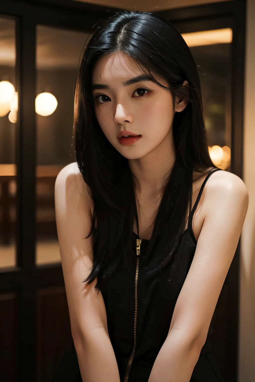 Asian woman, round eyes, thick eyebrows, long black hair, HD, cinamatic, 8k