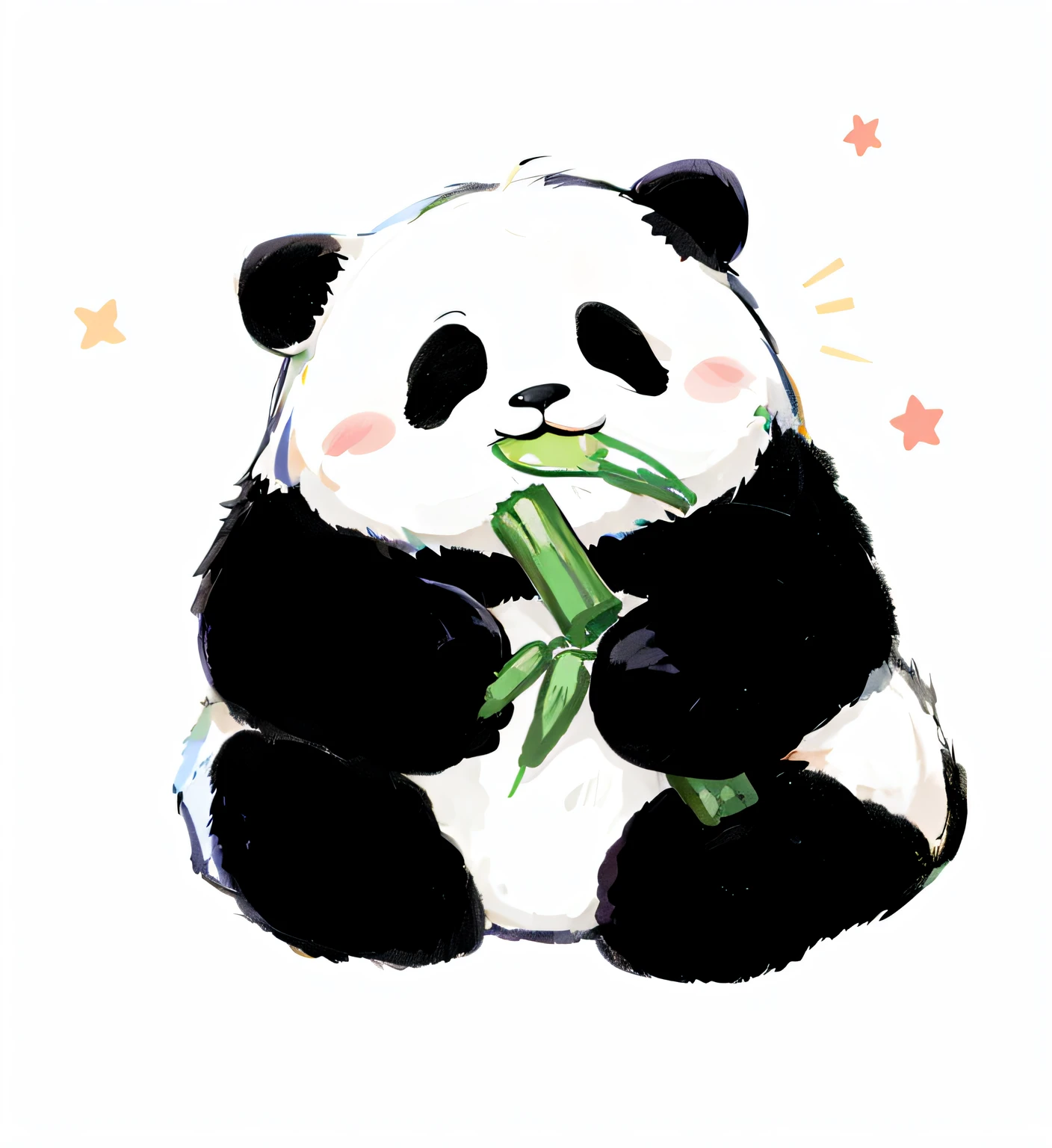 Panda eating bamboo leaves with stars in background, Cute panda, a cute giant panda, panda panda panda, Panda, having a snack, bamboos, Bamboo, in bamboo forest, Eating, cute illustration, fluffy green belly, author：Chai Mansion, cute animal, with a straw, Middle metaverse, So cute