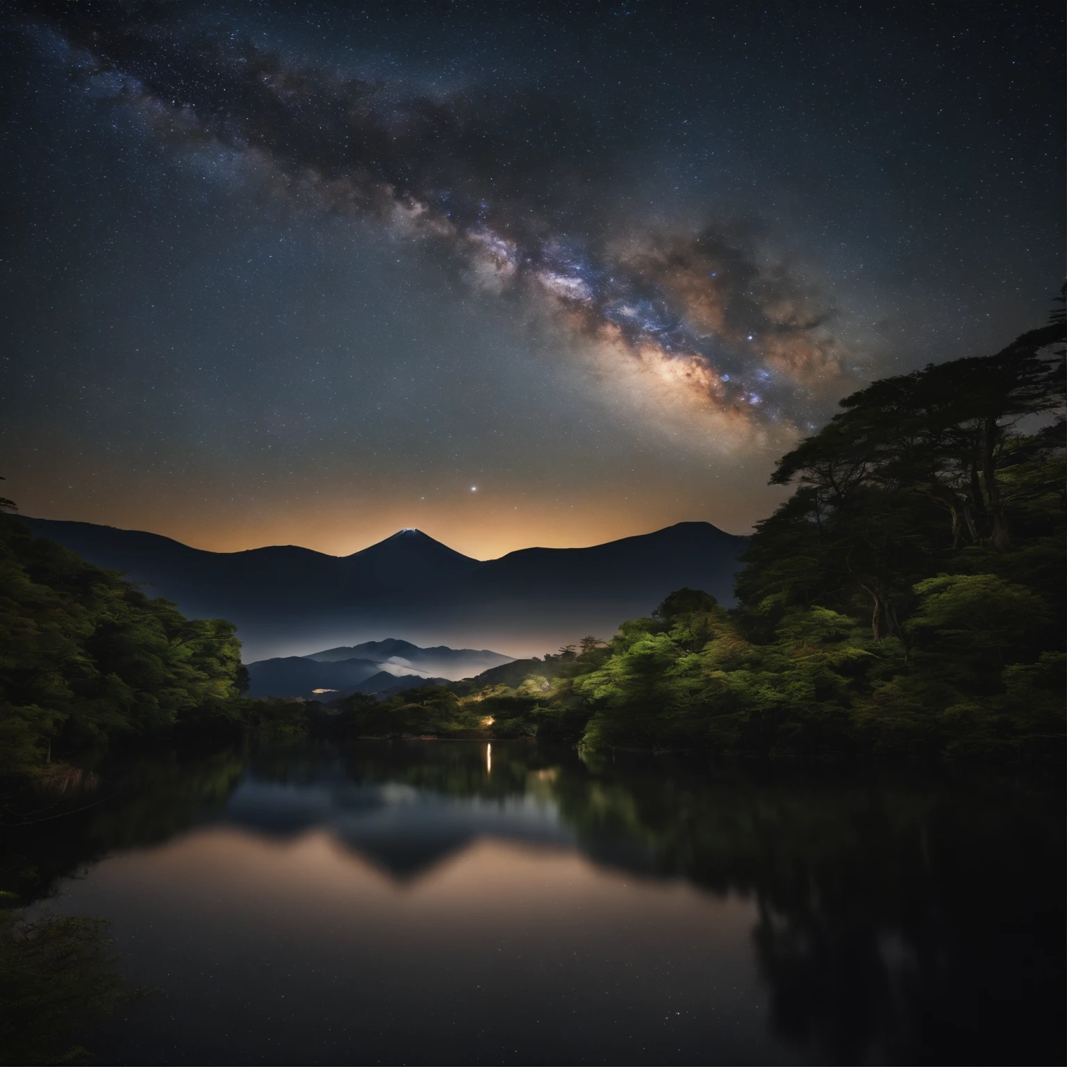 Master Parts、Superior Quality、superior image quality、The 8k quality、、Beautiful pictures of the starry sky、magnifica、Arched Milky Way:1.9、The Milky Way lying above Mt. Fuji:1.9、lake、Valley