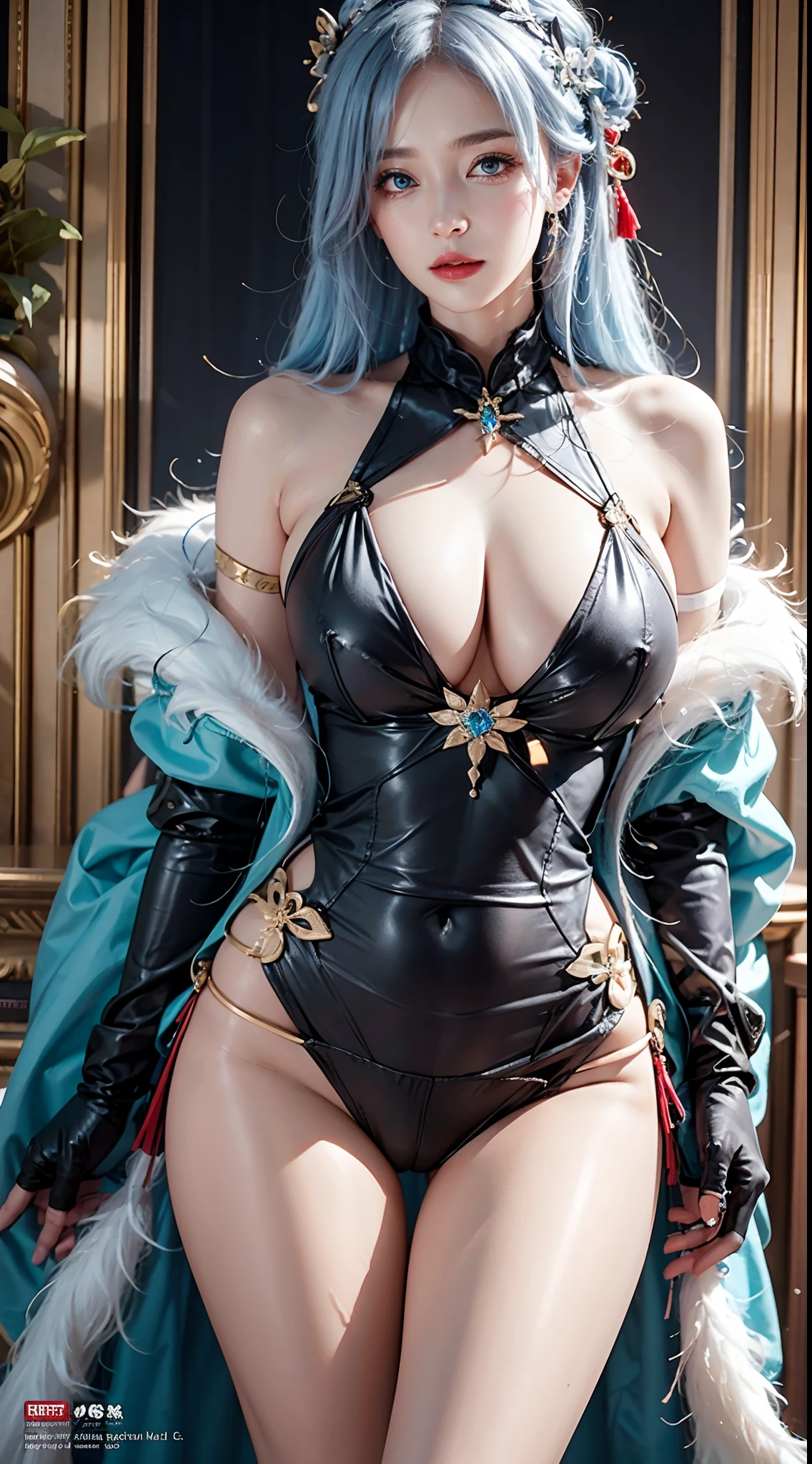 photography awards, masterpiece, blue hair, blue eyes, photorealistic, high resolution, soft light, signora \\(genshin impact\\) , large breasts, long hair, mature female, one eye covered, jewelry, mask, black gloves, elbow gloves, fur trim, dress, coat, BLONDE HAIR, LONG HAIR,EYEPATCH, MASK,BLUE EYES,DRESS,FUR TRIM, HUGE BREASTS, BARE SHOULDERS, NAVEL, CLEAVAGE