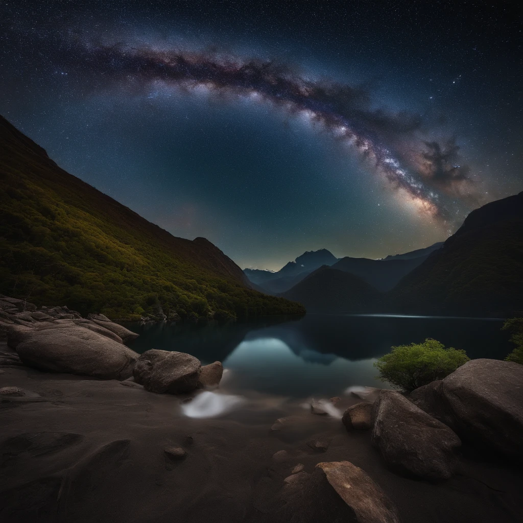 Master Parts、Superior Quality、superior image quality、The 8k quality、、Beautiful pictures of the starry sky、magnifica、Arched Milky Way:1.9、Milky Way lying on a mountain. Fuji:1.9、lake、Valley