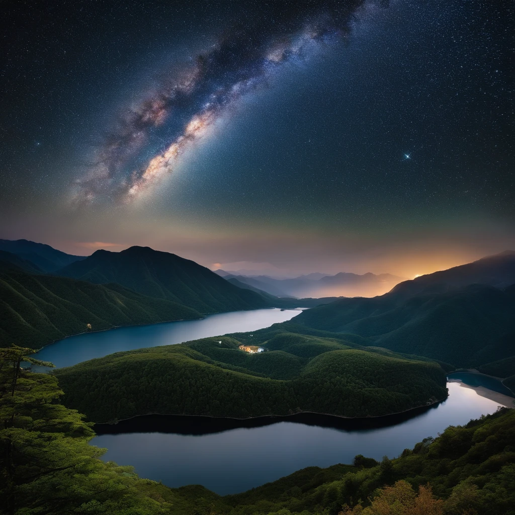 Master Parts、Superior Quality、superior image quality、The 8k quality、、Beautiful pictures of the starry sky、magnifica、Arched Milky Way:1.9、Milky Way lying on a mountain. Fuji:1.9、lake、Valley
