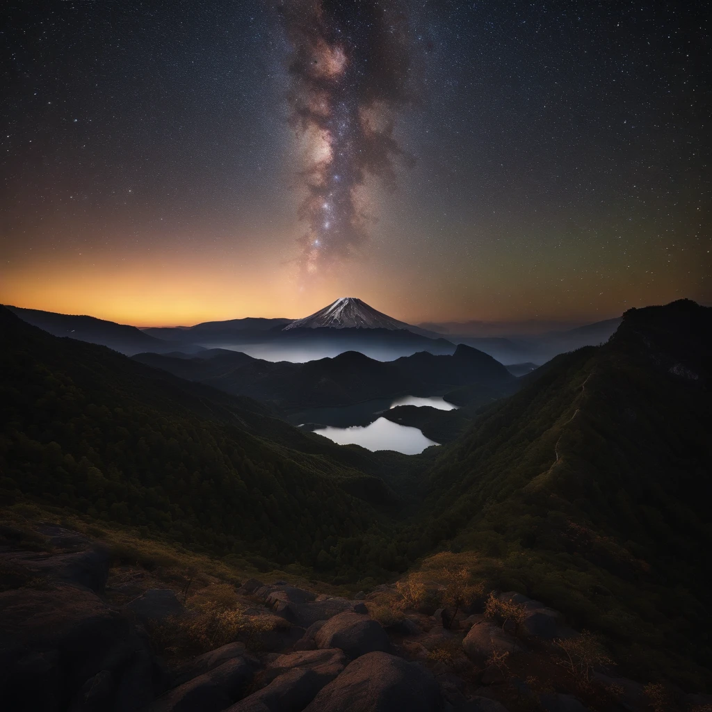 Master Parts、Superior Quality、superior image quality、The 8k quality、、Beautiful pictures of the starry sky、magnifica、Arched Milky Way:1.9、Milky Way lying on a mountain. Fuji:1.9、lake、Valley