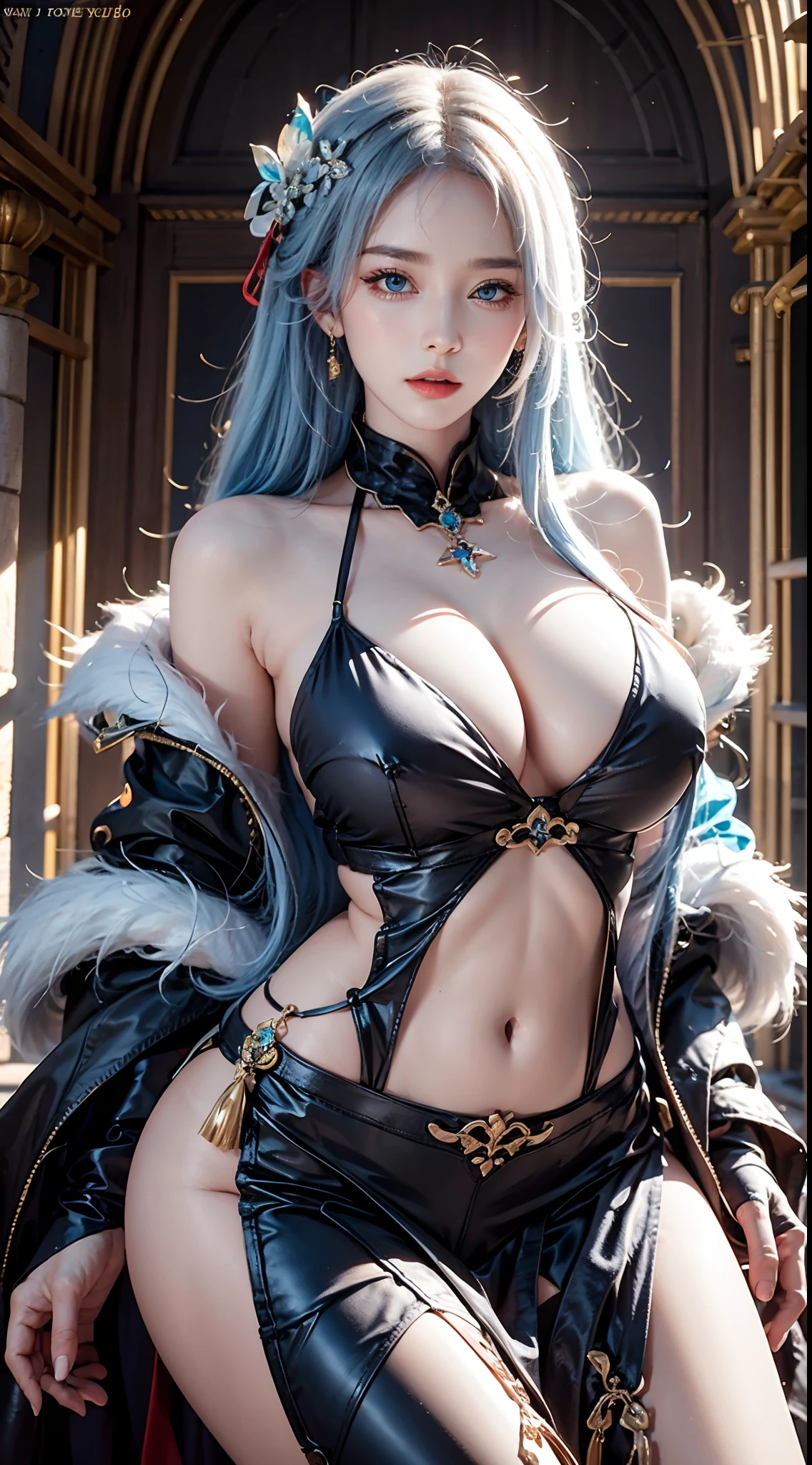 photography awards, masterpiece, blue hair, blue eyes, photorealistic, high resolution, soft light, signora \\(genshin impact\\) , large breasts, long hair, mature female, one eye covered, jewelry, mask, black gloves, elbow gloves, fur trim, dress, coat, BLONDE HAIR, LONG HAIR,EYEPATCH, MASK,BLUE EYES,DRESS,FUR TRIM, HUGE BREASTS, BARE SHOULDERS, NAVEL, CLEAVAGE