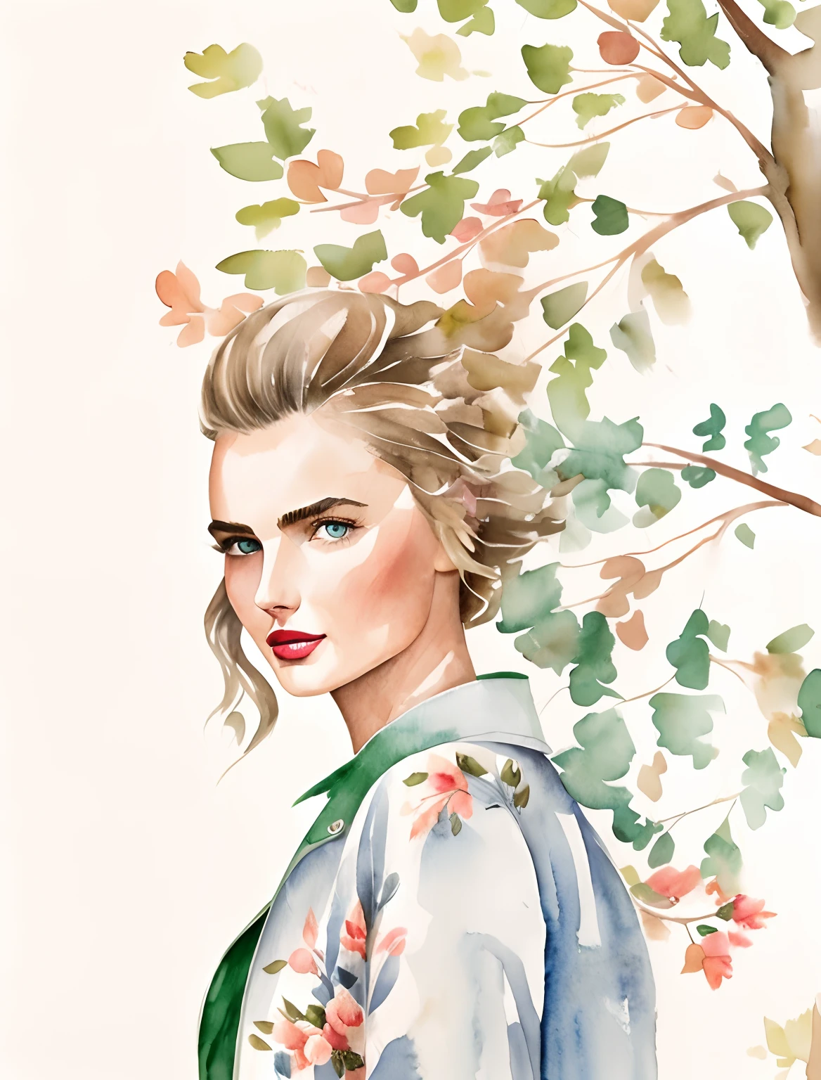 Kelly smith watercolor art Blonde Woman thin hair, french bob, gray blue eyes, red lipstick, andreea diaconu, peach beige dress, jacket, windy, green tree, summer, fantasy, artistic brushstrokes