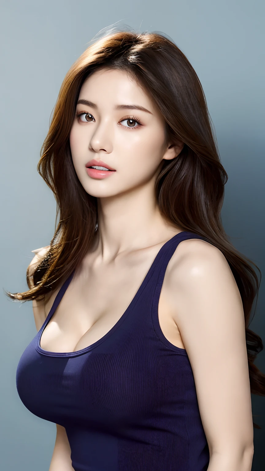 (lifelike, high - resolution:1.3), 1 girl with a perfect body, Super fine face and eyes,slong hair, Tank top of random colors:1.2, short jeans, big boob,Expose cleavage