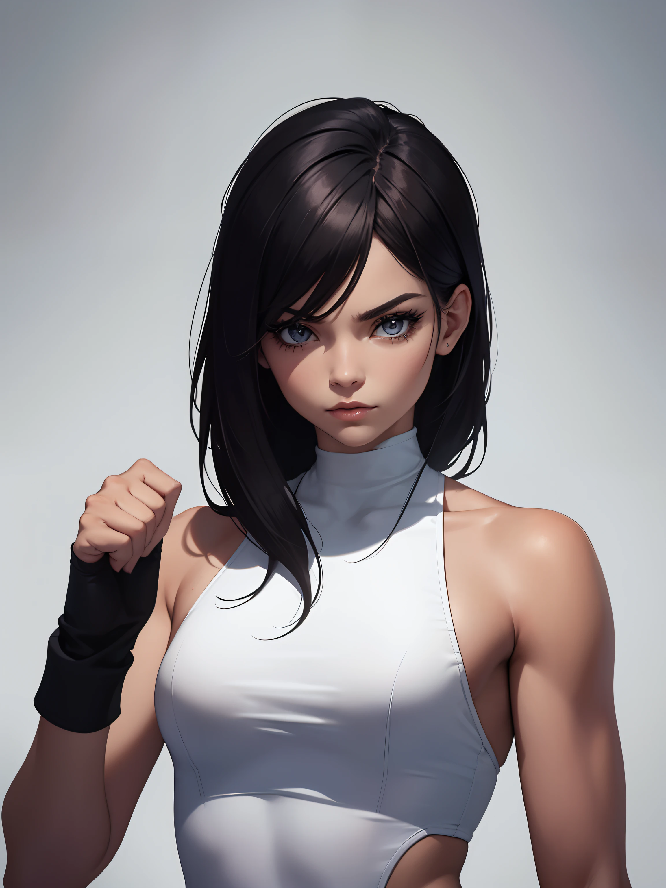 Furious Female boxer lifting the hands in clinch posture, wearing boxing gloves, punching the camera, makeup, mascara, Lips are subdued or  colors, Minimalism, monotone, simple color palettes, Clean, sharp designs, flowing silhouettes, sports clothes, fighting clothes, high-waisted short, simple dresses, shirts, pants and blouses, asymmetrical, geometric, Elegant and luxurious materials and designs, Simple, minimal accessories, Distinctive designs, simple silhouettes, chic and mature impression, simple and sophisticated style, elegance, minimalism, high quality materials, cool and urban impression, high fashion, , simplicity and sophistication,