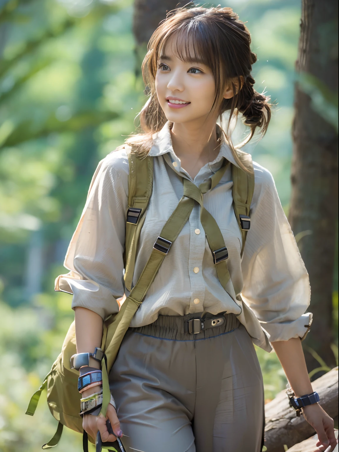 Single-person tent:1.37, (masterpiece、top-quality、8k wallpaper、hight resolution、hyperrealistic scenery, Photorealsitic:1.37)、1girl in、独奏、18year old、Dainty Japan Woman,Looking at Viewer, Standing, open arms, Lifelike face、luslous skin、The angle is a bit far, Slender body type:1.1、Black eye、(Hiking pants, Wear an unbuttoned collared shirt loosely、Keep the hem of your shirt on the outside of your pants:1.37)、Carrying a backpack:1.2、Mountain girl style、I like mountain climbing, mountaineer, Beautiful sunset on background、Trekking Shoes、A detailed face、A detailed eye、Detailed nose、Detailed mouth、Happy smile
