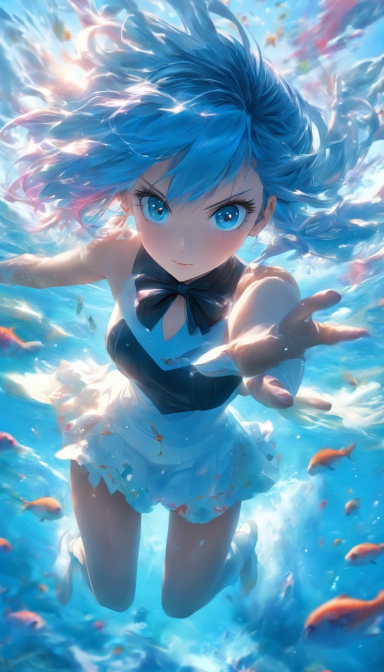 Photography Award, Masterpiece, Blue hair, Blue eyes, Photorealistic, high resolution, Soft light, corsage, Waist bow, Short shorts, Blue suit, multicolored hair, White gloves, Black gloves, White shirt, Open clothes, water, Underwater, Ocean, Single skirt hem, thigh band, Hat