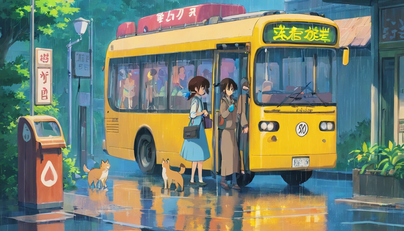 Girls at work,Wait for the bus at the bus stop,Back Shadow,rainy days