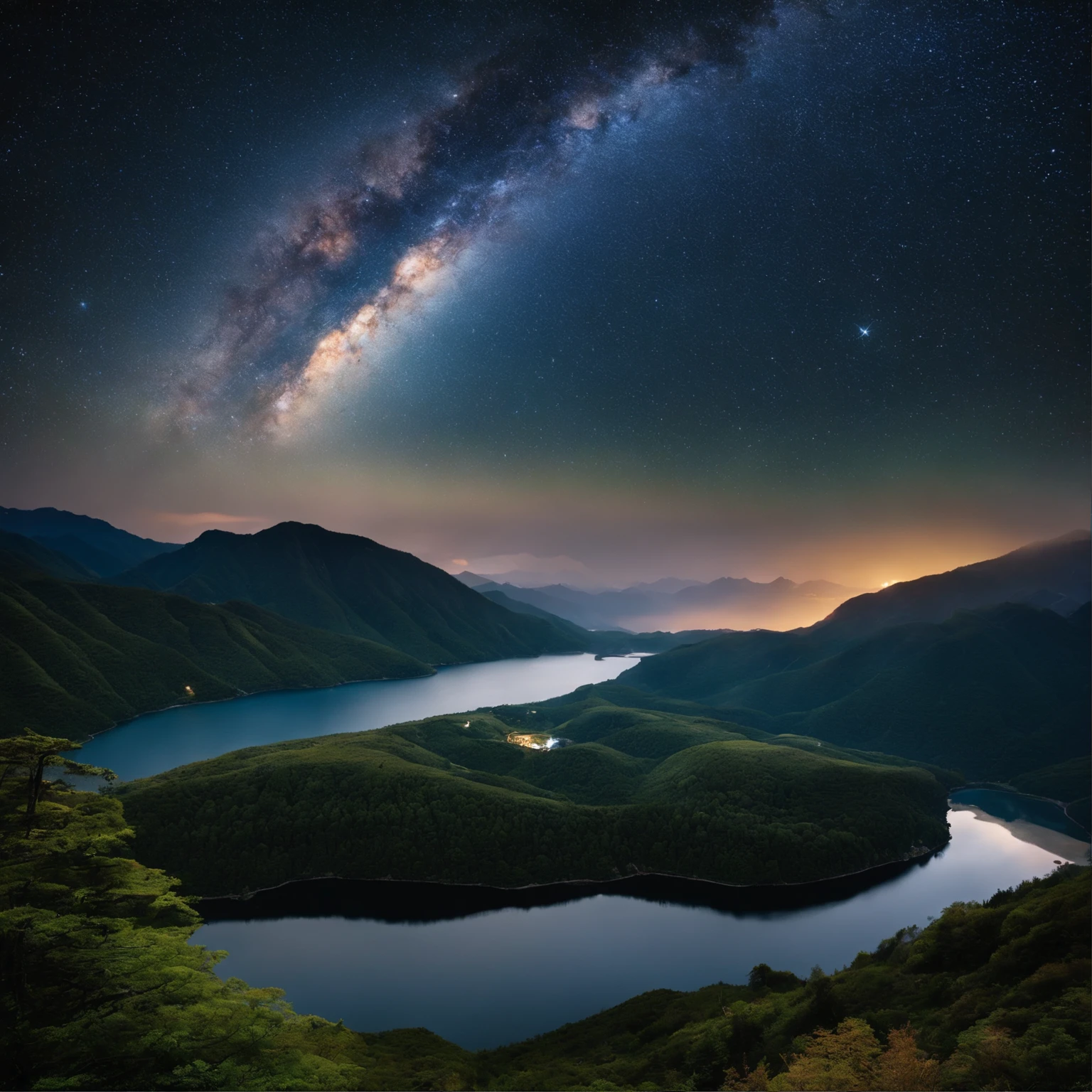 Master Parts、Superior Quality、superior image quality、The 8k quality、、Beautiful pictures of the starry sky、magnifica、Arched Milky Way:1.9、Milky Way lying on a mountain. Fuji:1.9、lake、Valley