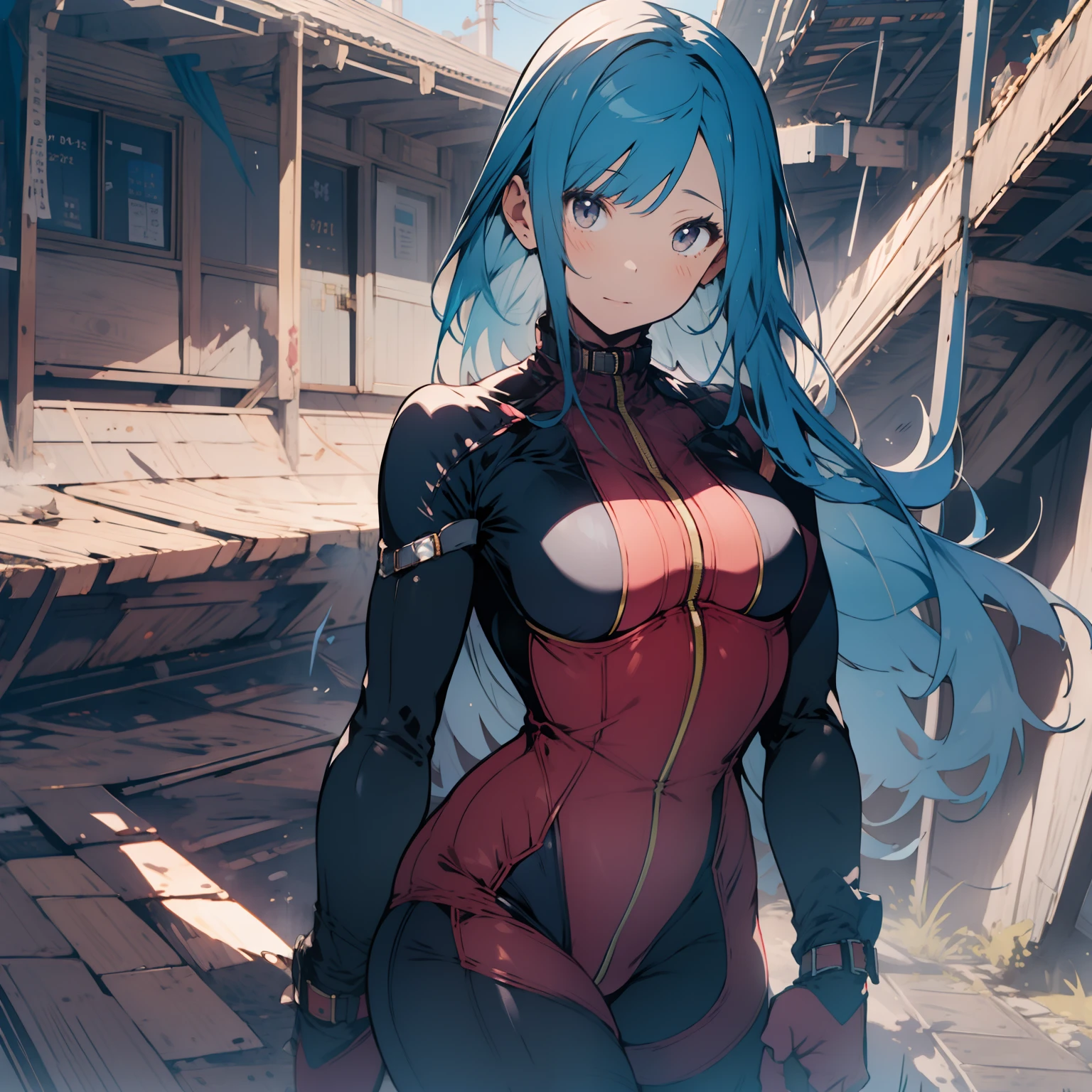 (masterpiece, best quality, high resolution), medium shot, 1girl, dynamic, solo, kulams, bodysuit, gloves, zipper, medium size breasts,
