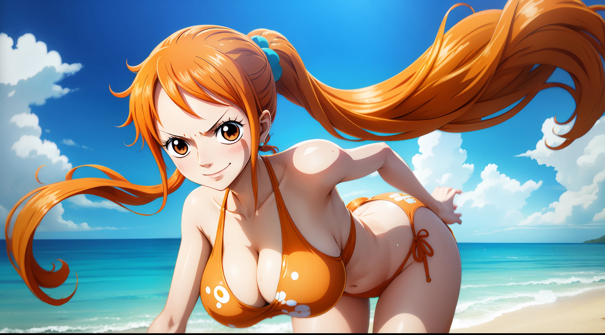 anime art style,nami from One Piece,brown eyes,orange long ponytail hair,blushing,playful expression,dynamic pose,wearing bikini, standing on the beach,sparkling blue seawater, vibrant colours.back view