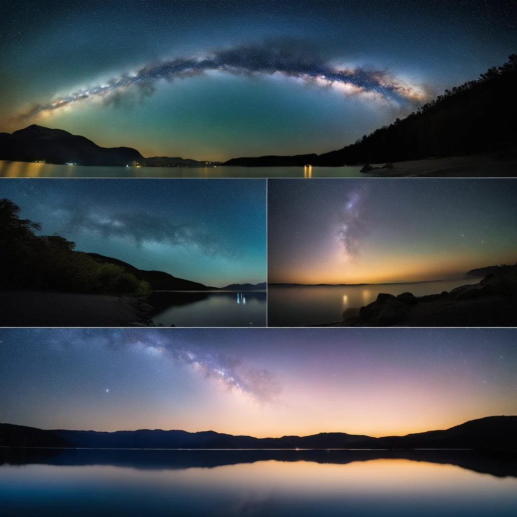 Master Parts、Superior Quality、superior image quality、The 8k quality、、Beautiful pictures of the starry sky、magnifica、Arched Milky Way:1.9、Blue surface of the lake