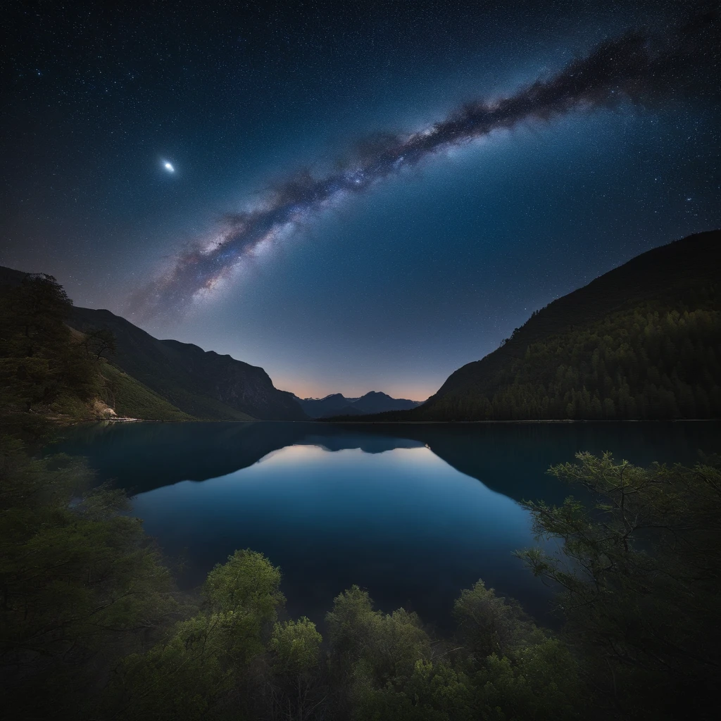Master Parts、Superior Quality、superior image quality、The 8k quality、、Beautiful pictures of the starry sky、magnifica、Arched Milky Way:1.9、Blue surface of the lake