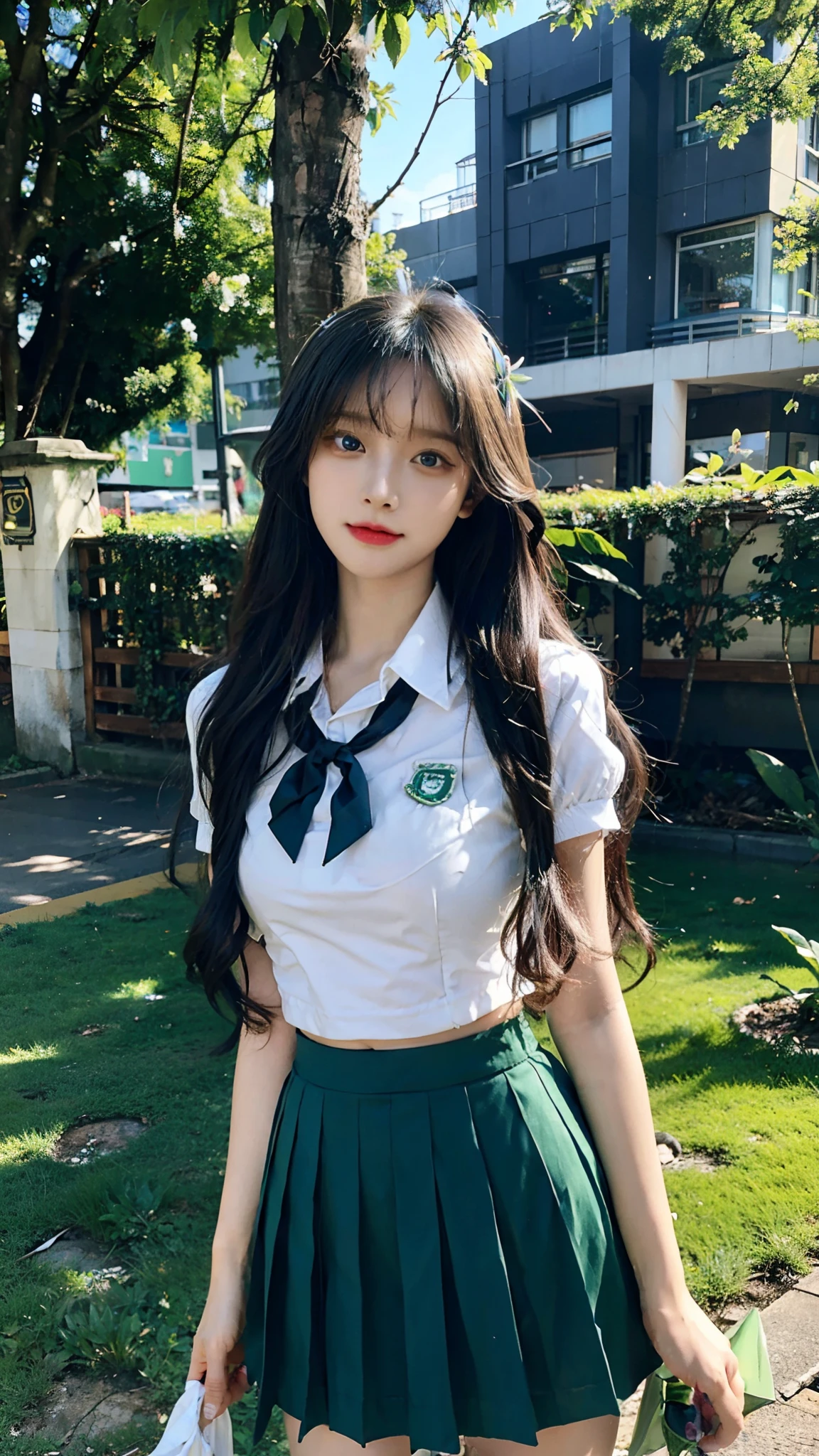 Masterpiece, Best quality, 1girll, , Blue eyes, Very long hair, hair flower, school uniform, green uniform, green Mini skirt, cheerfulness, Amazing, Beautiful detailed eyes, finedetail, Depth of field, Extremely detailed CG, Original, Outdoors, soaking wet, beautiful detailed water, Beautiful detailed sky, fluttered detailed splashs, author, Colorful, hdr, colorful refraction, inematic lighting, attractive pose,