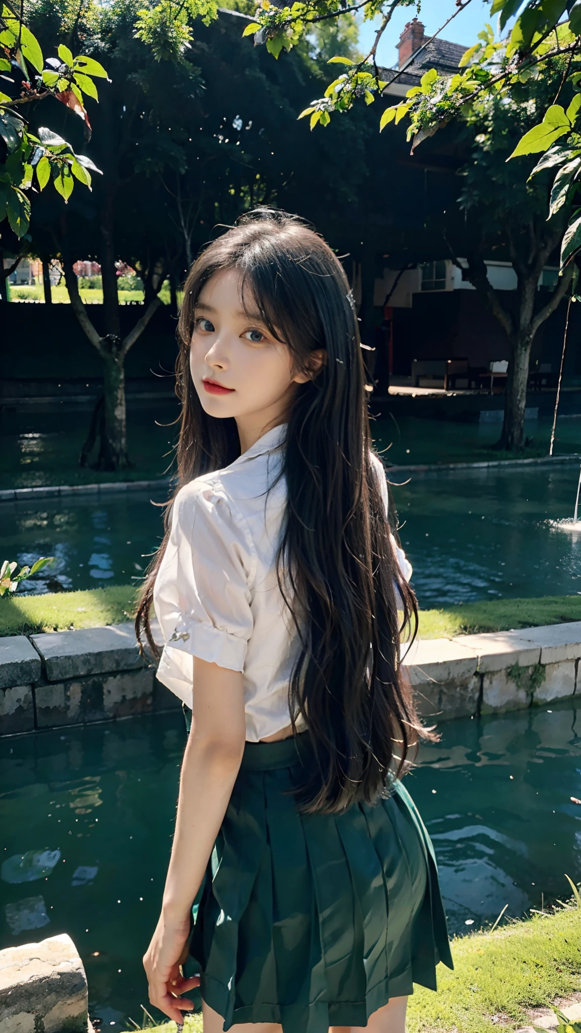 Masterpiece, Best quality, 1girll, Loli, Blue eyes, Very long hair, hair flower, school uniform, green uniform, green Mini skirt, cheerfulness, Amazing, Beautiful detailed eyes, finedetail, Depth of field, Extremely detailed CG, Original, Outdoors, soaking wet, beautiful detailed water, Beautiful detailed sky, fluttered detailed splashs, author, Colorful, hdr, colorful refraction, inematic lighting, attractive pose,