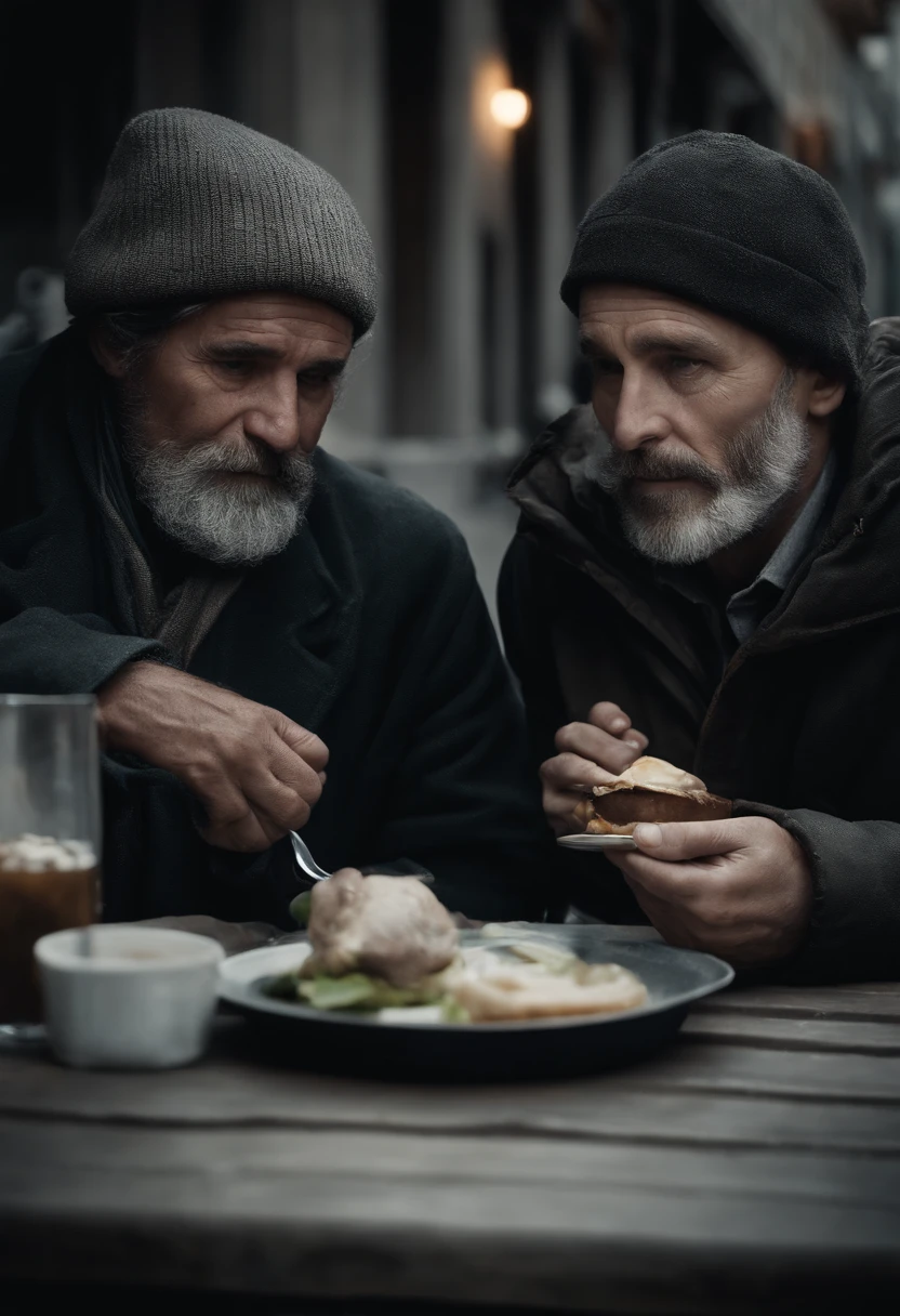 The stranger and the homeless man together, sharing a simple meal