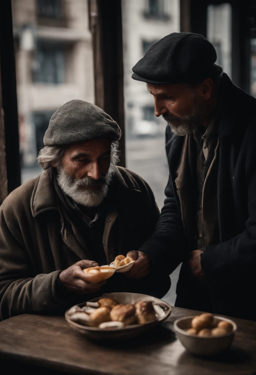 The stranger and the homeless man together, sharing a simple meal
