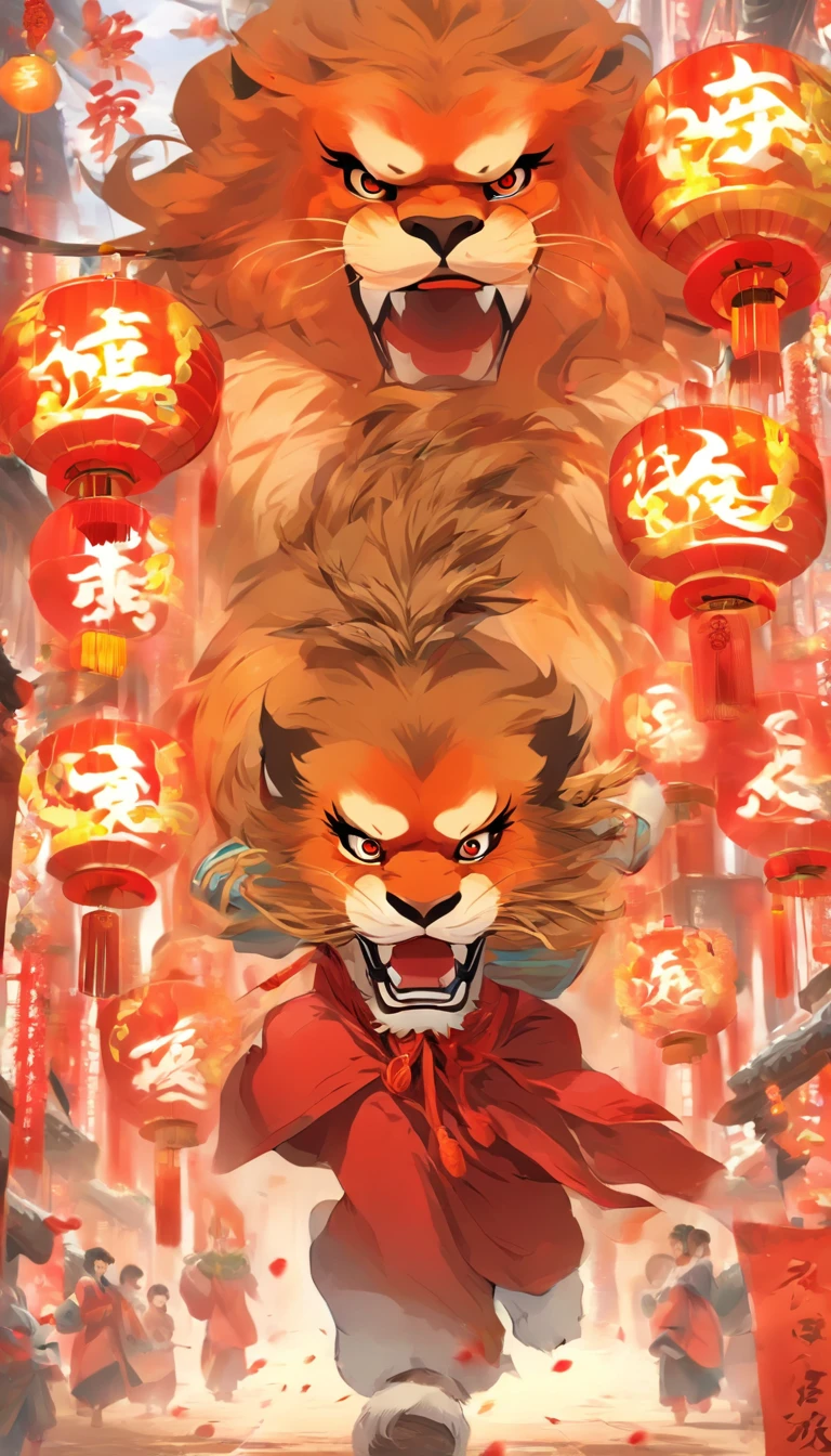 (Solo:1.4)A boy with:1 Holding a huge lion's head::2，Children，adolable，big laughter，Red lanterns，Chinese Year，Chinese clothes， China-style，red colour，lion dance