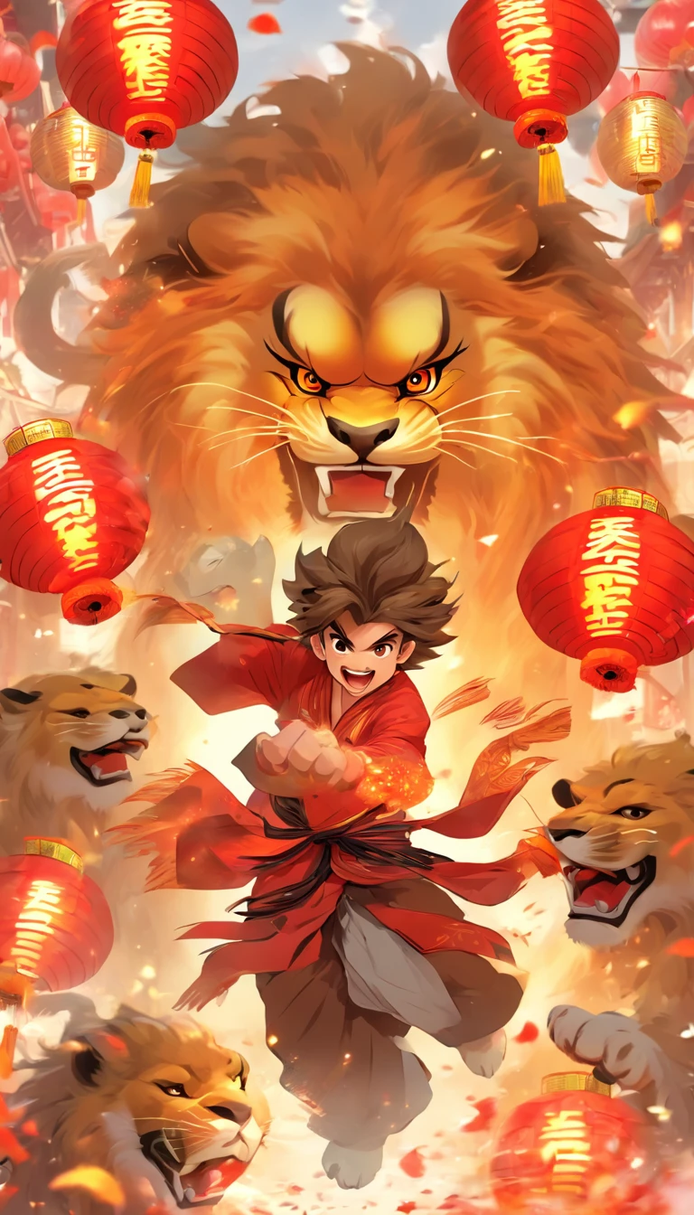 (Solo:1.4)A boy with:1 Holding a huge lion's head::2，Children，adolable，big laughter，Red lanterns，Chinese Year，Chinese clothes， China-style，red colour，lion dance