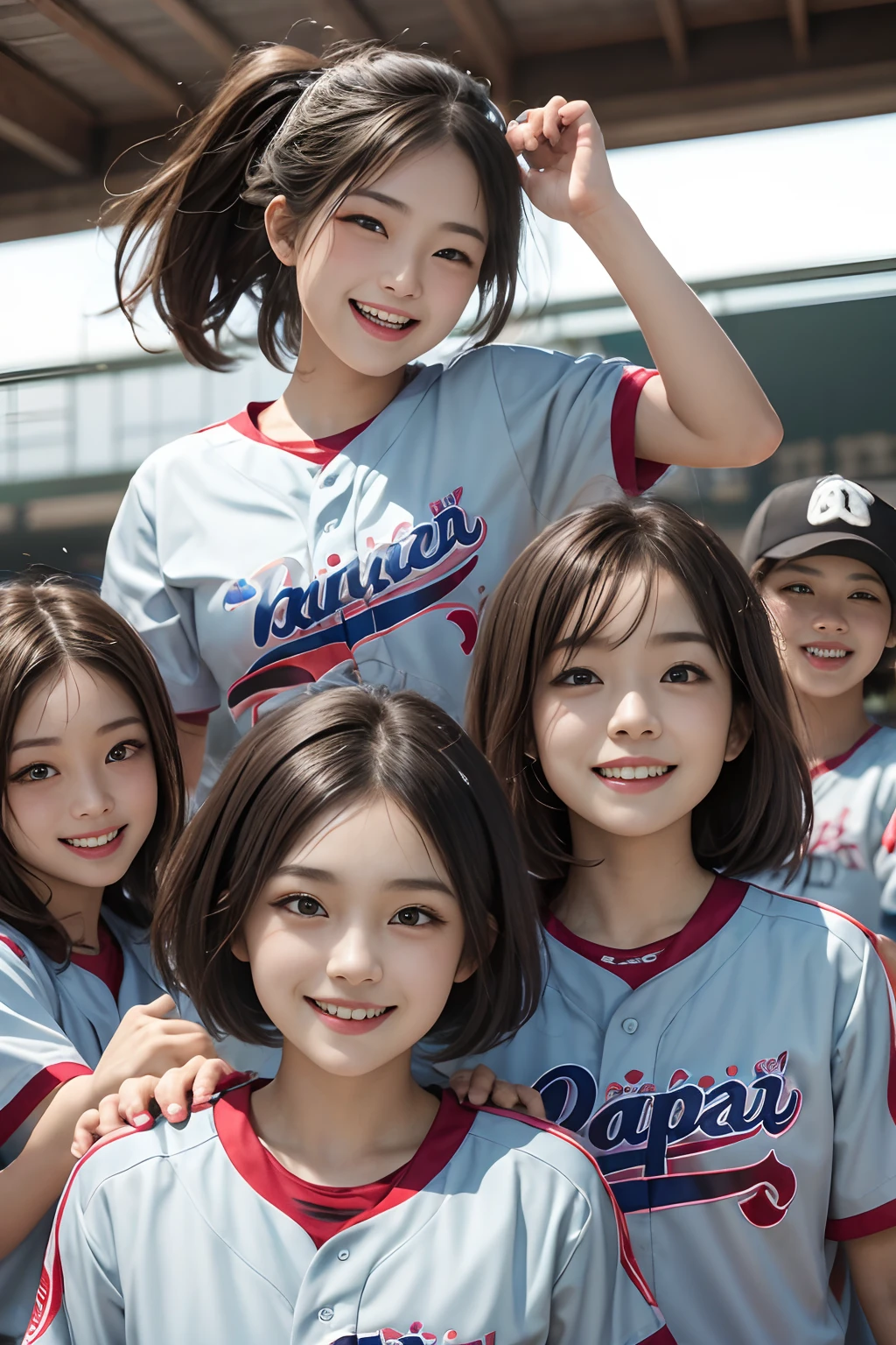 8K,Softball players、A Japanese Lady、Japan Team、Smile full of happiness、((Looks happy:1.3))、Panting face、Lacking、Sweating、Expression in a state of excitement、short-hair、eye glass、8K,Softball players、A Japanese Lady、Japan Team