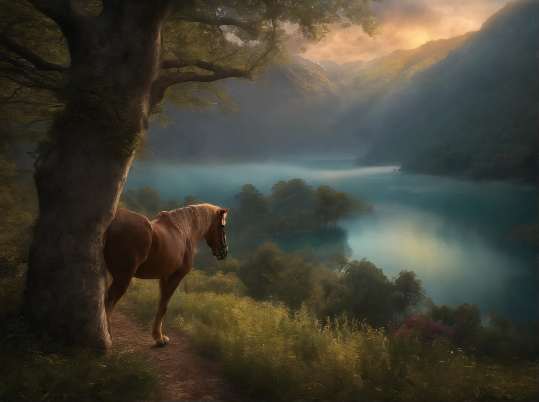 "(((Pre-Raphaelite painting))) colina com tojos amarelos, muitas flores amarelas, arbustos amarelos, cavalo selvagem, colina encantada, ulex, cavalo"