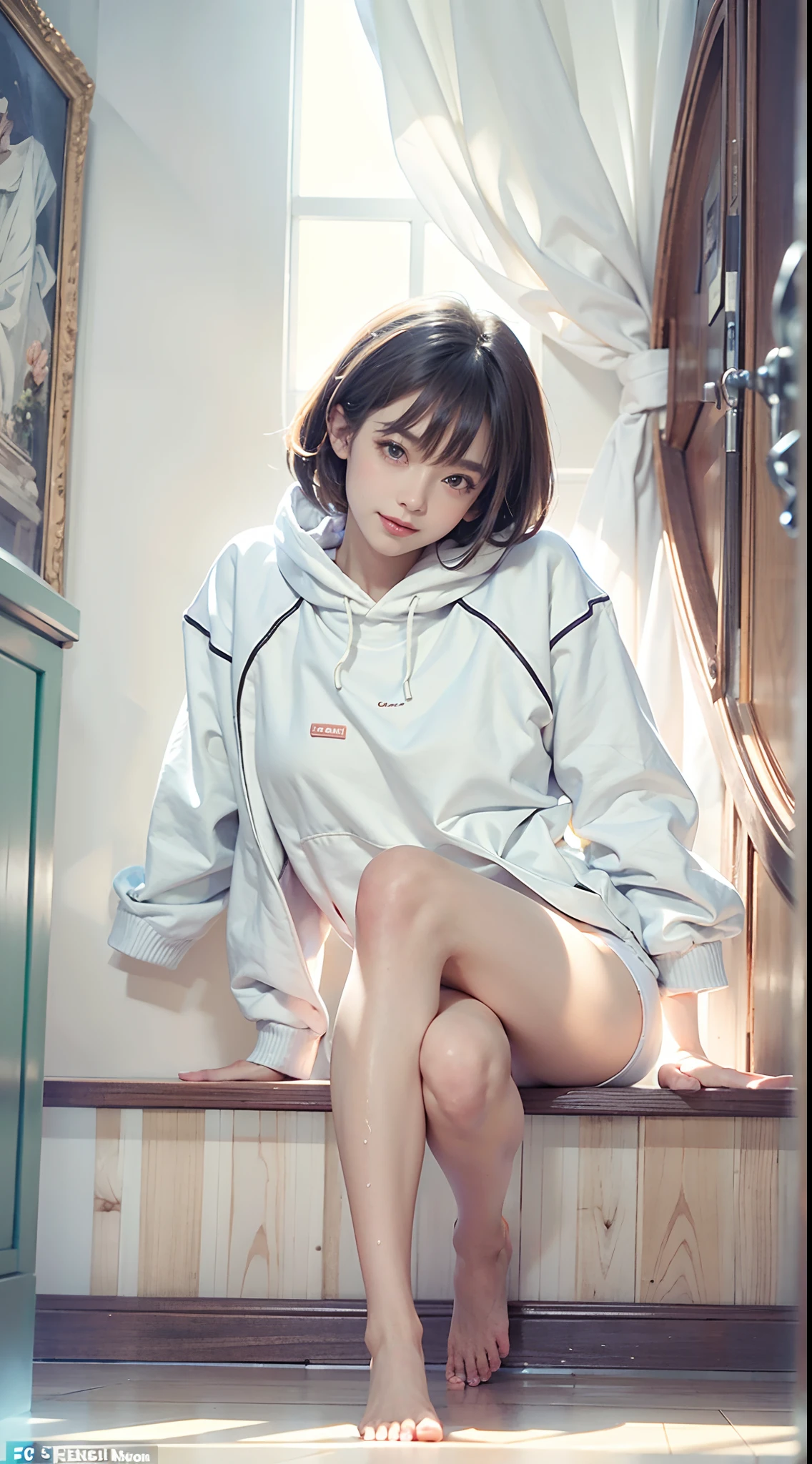 (NSFW), 1womanl, Solo, 24 year old, 7headed body, (cute face), (Ideal ratio body proportions), in a house, (((sweatshirt))), (((white panties))), ((The lower part of the body is bare)), panties focus, Sexy body, Wet, Clothes are sheer, Smiling smile, short-hair, Dark hair, small tits, A slender, Small buttocks, beauty legs, Skinny Legs, surrealism, Cinematic lighting, depth of fields, One-person viewpoint, F/1.8, 135 mm, nffsw, masutepiece, ccurate, ((Anatomically correct)), Textured skin, Super Detail, high details, High quality, awardwinning, Best Quality, hight resolution, 8K